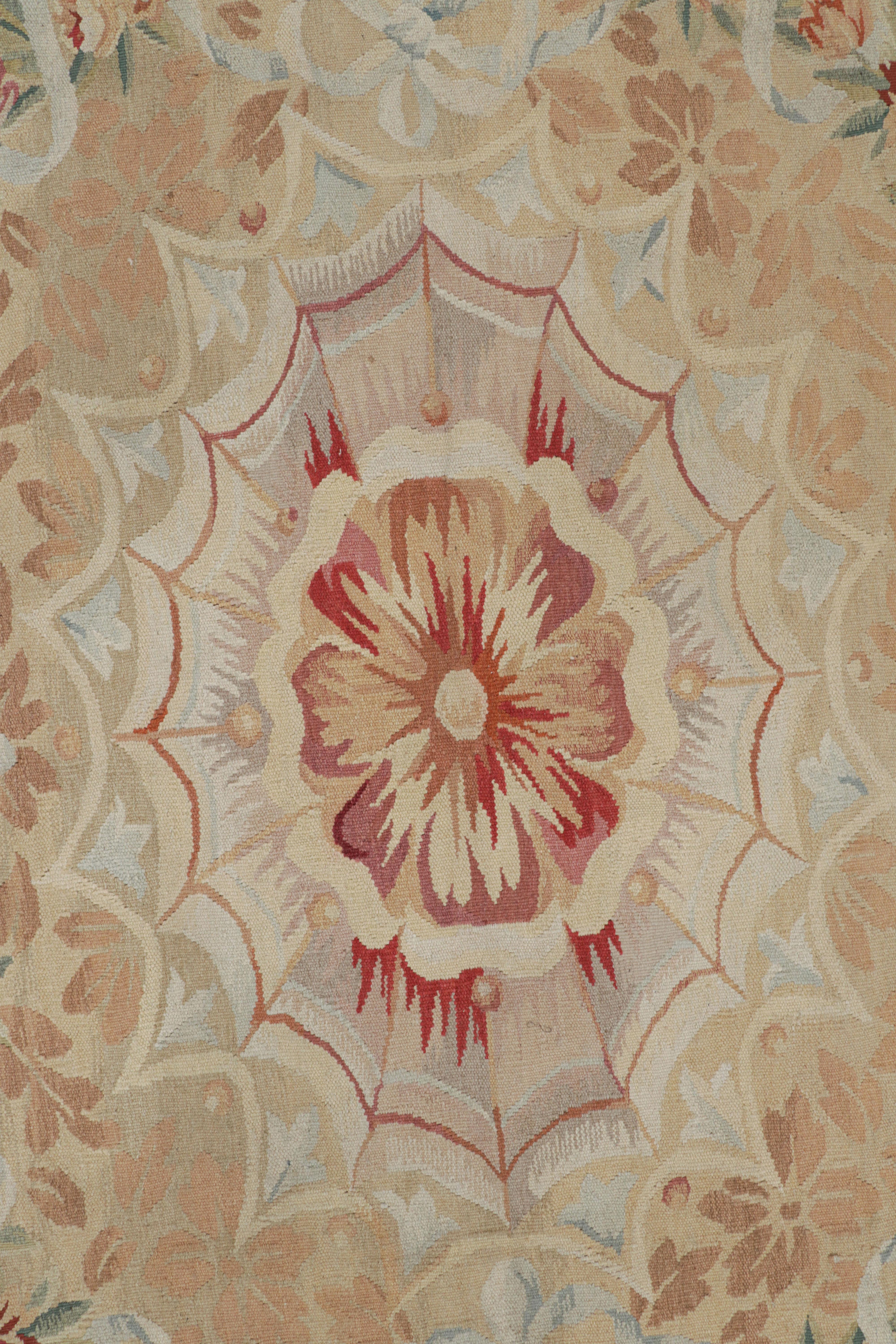 Contemporary Rug & Kilim’s Oversized Aubusson Style Rug in Beige-Brown with Floral Medallion For Sale