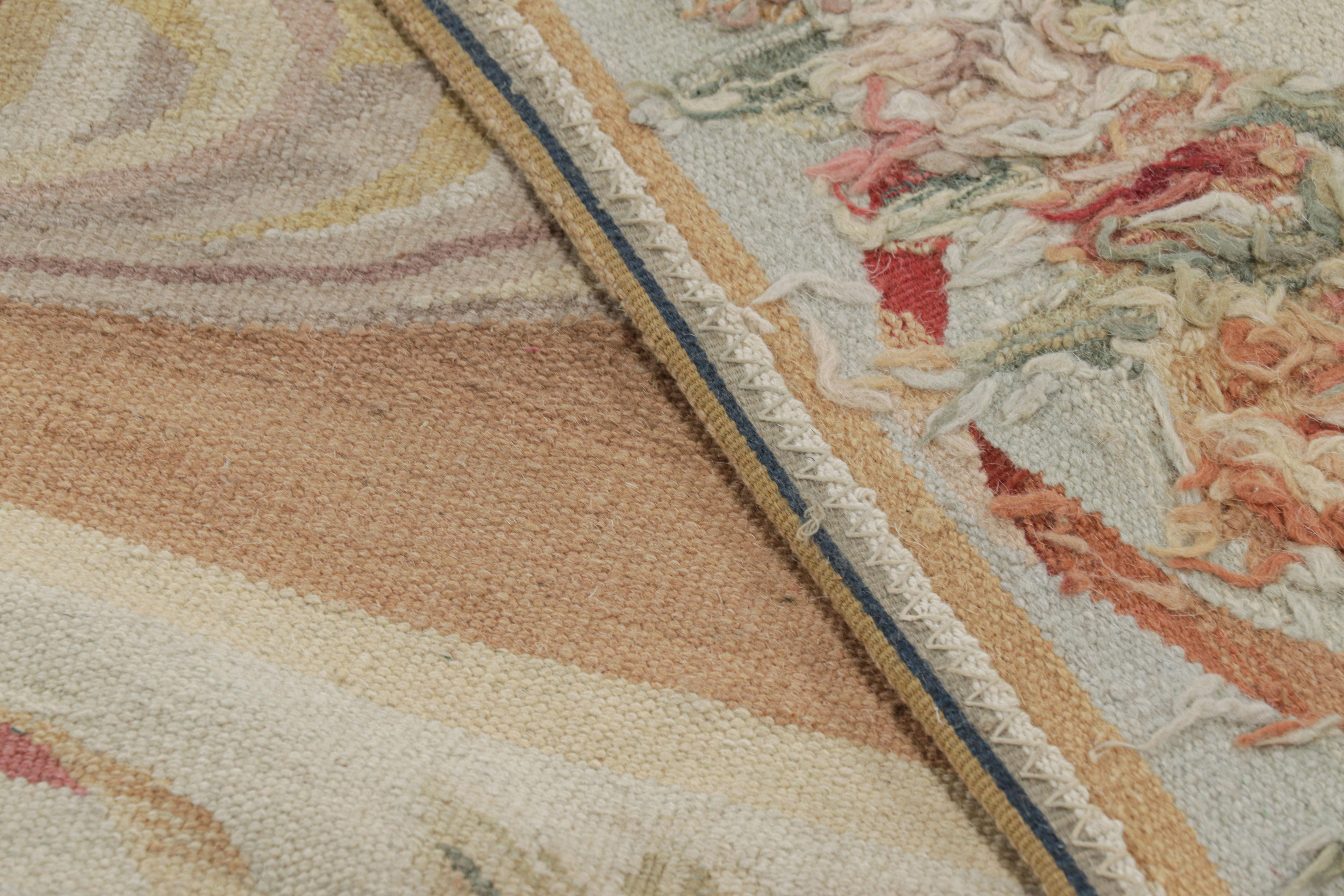 Wool Rug & Kilim’s Oversized Aubusson Style Rug in Beige-Brown with Floral Medallion For Sale