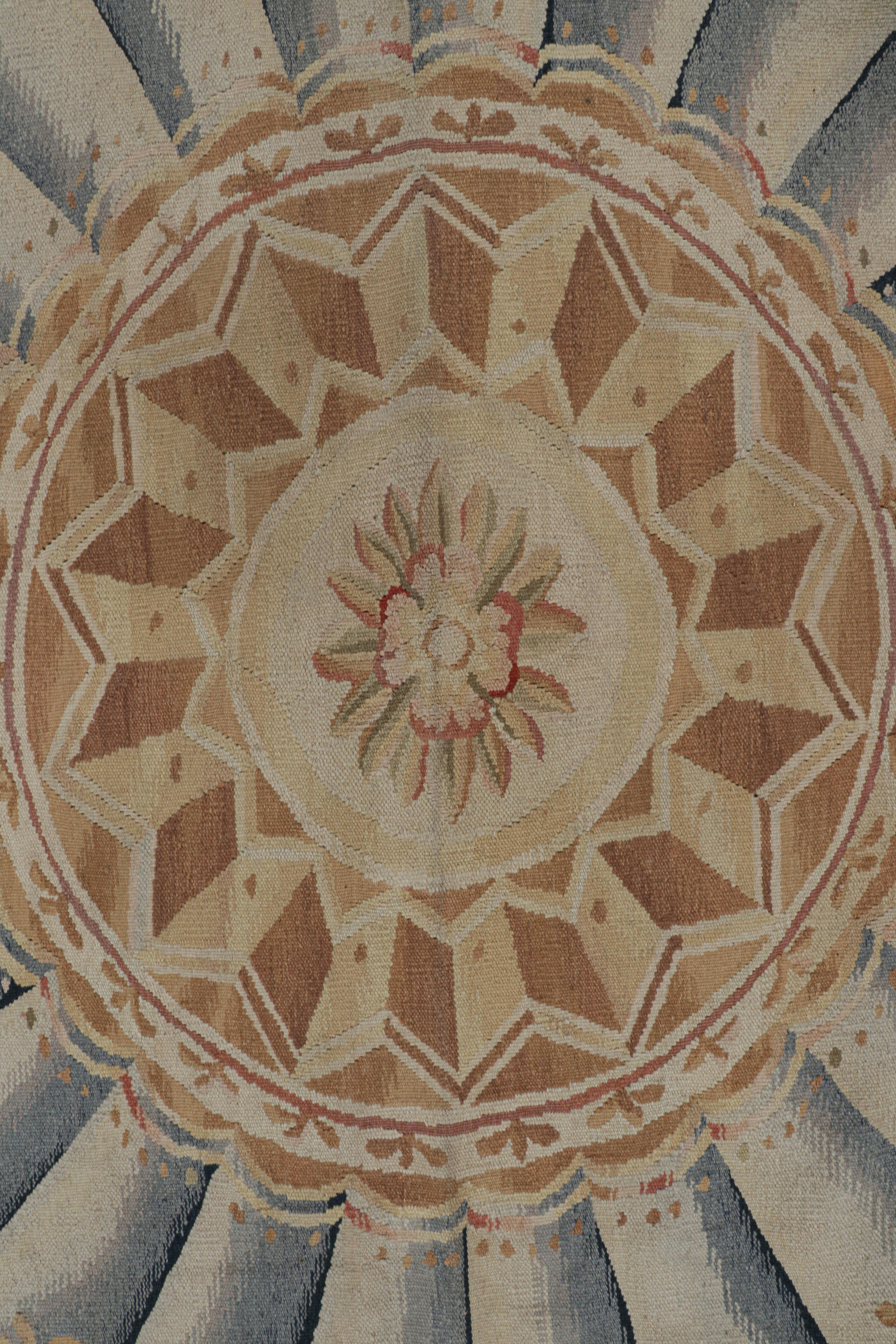Chinese Rug & Kilim's Oversized Aubusson Style Rug in Gold & Beige with Floral Medallion For Sale