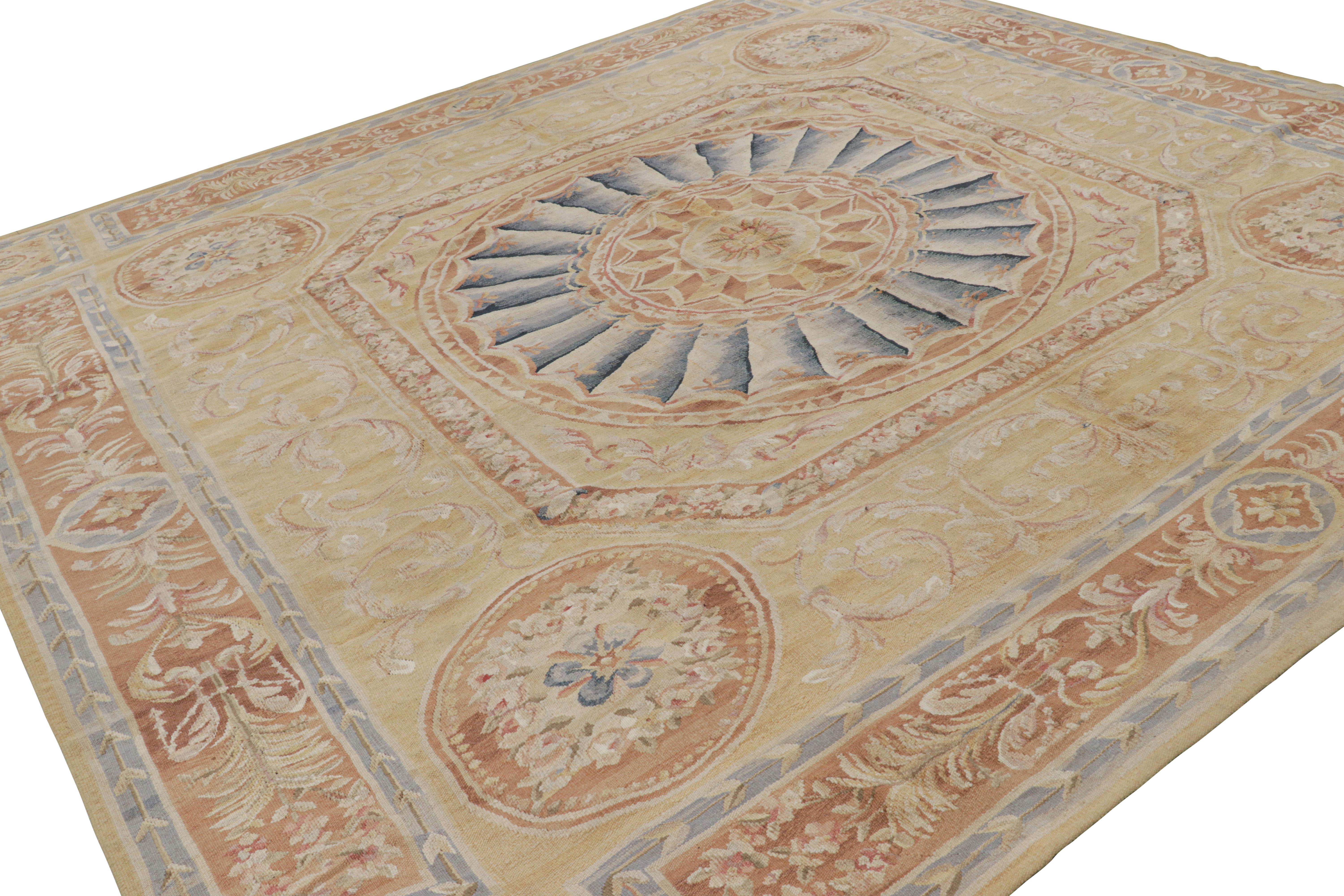 Hand-Woven Rug & Kilim's Oversized Aubusson Style Rug in Gold & Beige with Floral Medallion For Sale