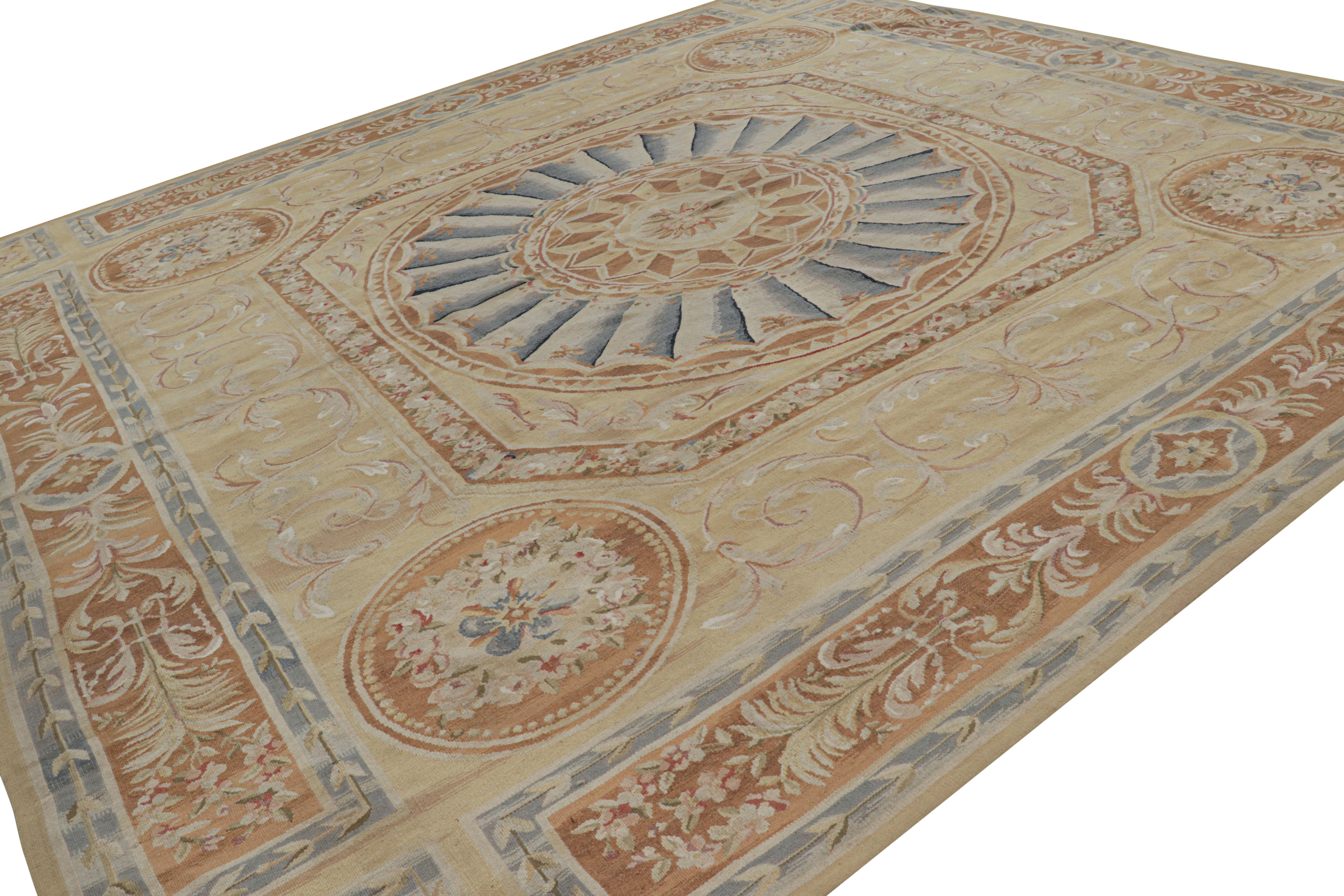 Hand-Woven Rug & Kilim's Oversized Aubusson Style Rug in Gold & Beige with Floral Medallion For Sale