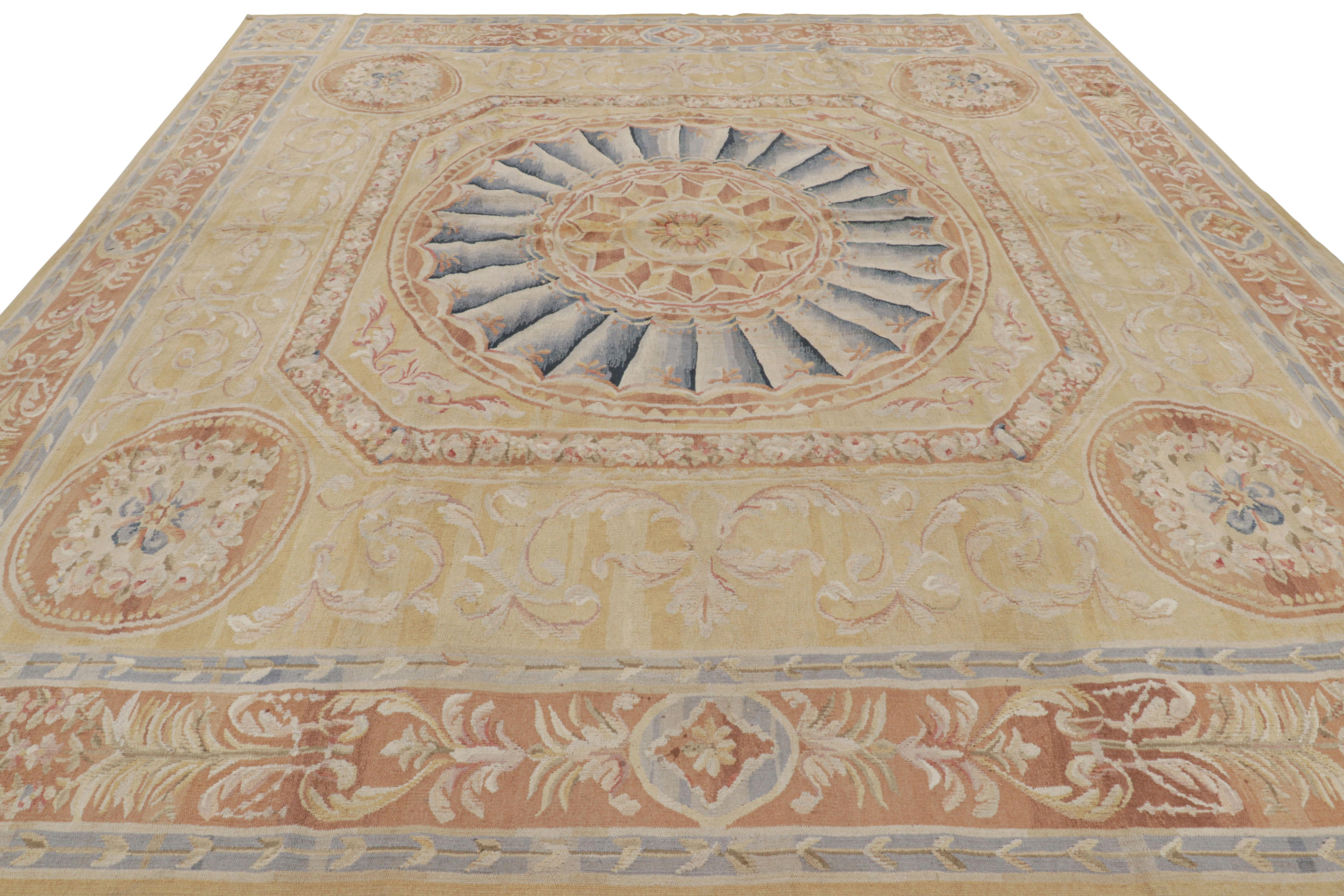 Rug & Kilim's Oversized Aubusson Style Rug in Gold & Beige with Floral Medallion In New Condition For Sale In Long Island City, NY