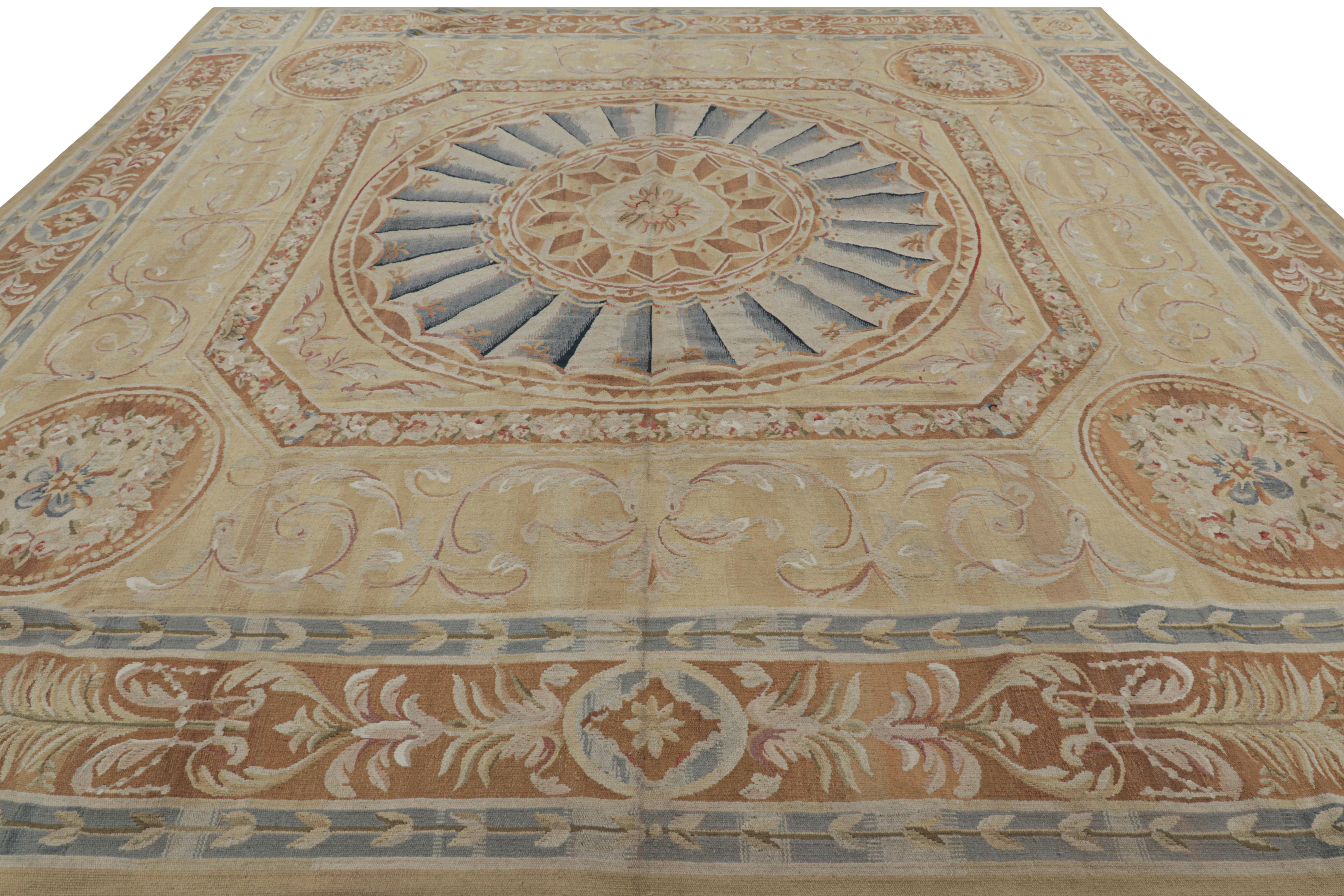 Rug & Kilim's Oversized Aubusson Style Rug in Gold & Beige with Floral Medallion In New Condition For Sale In Long Island City, NY