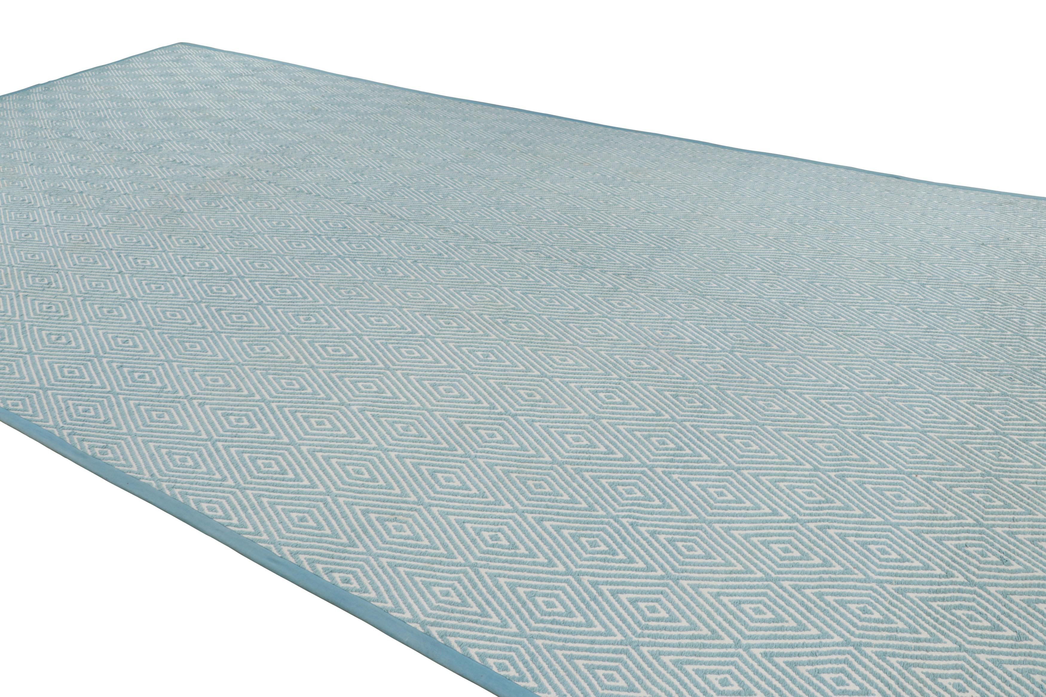 Indian Rug & Kilim’s Oversized Chenille Flatweave Rug in Blue and White Diamond Pattern For Sale