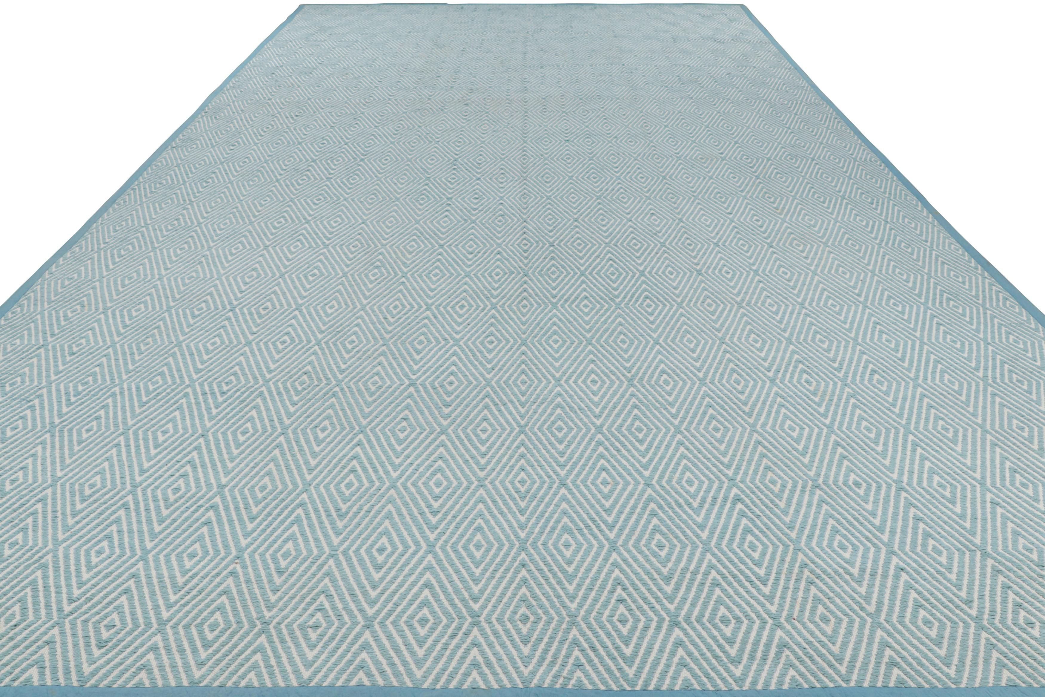 Hand-Knotted Rug & Kilim’s Oversized Chenille Flatweave Rug in Blue and White Diamond Pattern For Sale