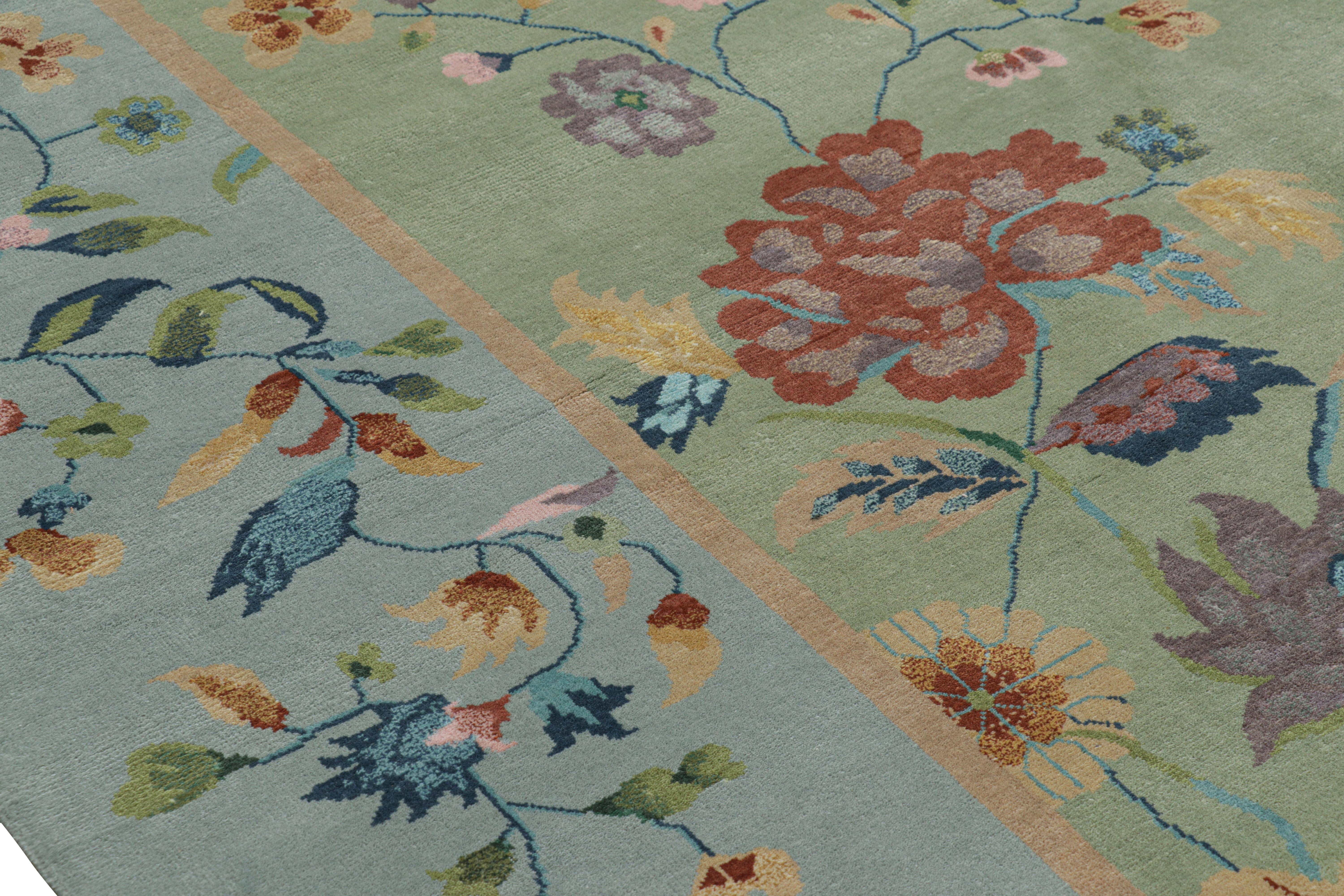 Indian Rug & Kilim’s Oversized Chinese Art Deco Style Floral Rug in Green and Blue For Sale