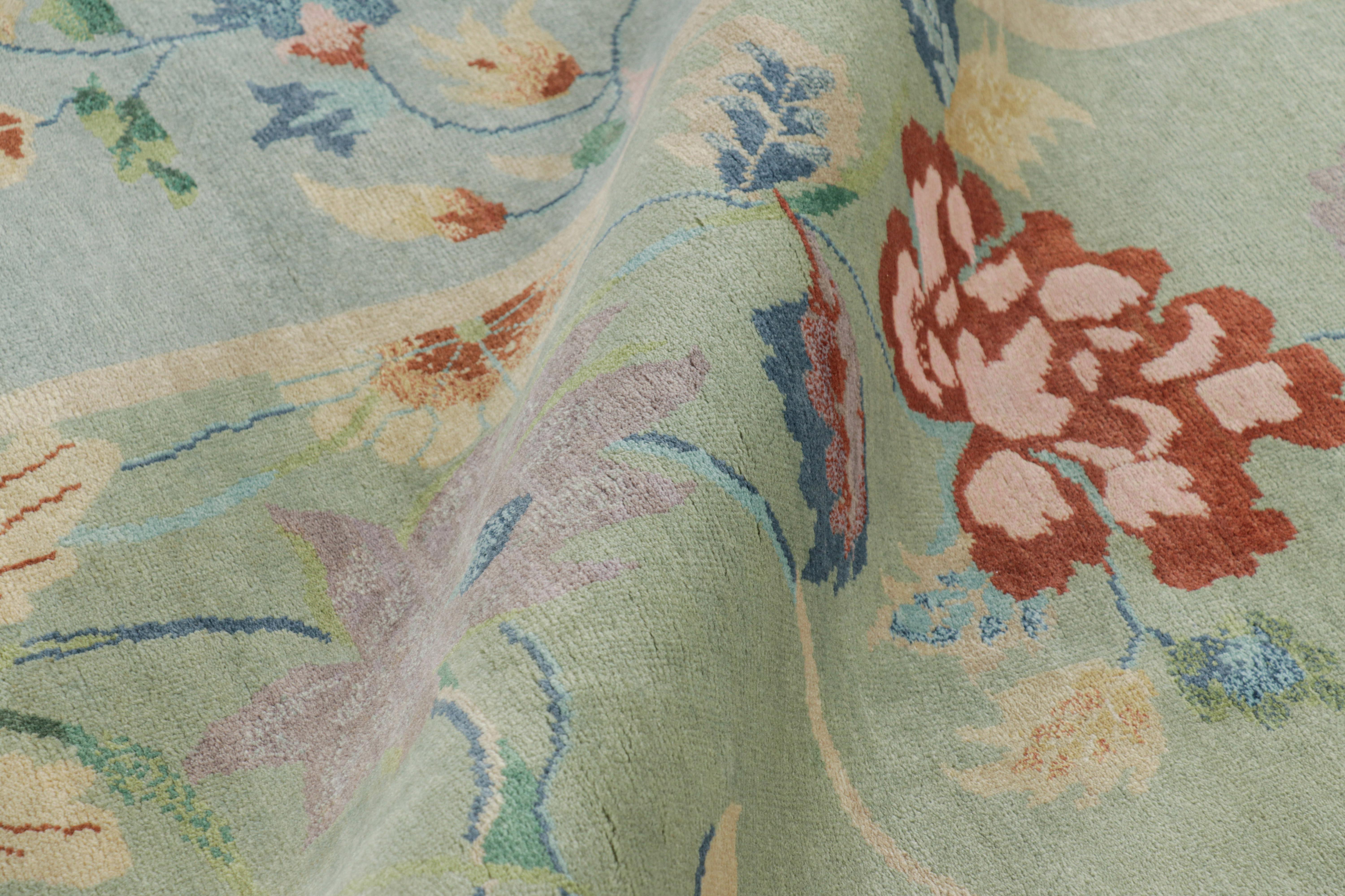 Indian Rug & Kilim’s Oversized Chinese Art Deco Style Floral Rug in Green and Blue For Sale