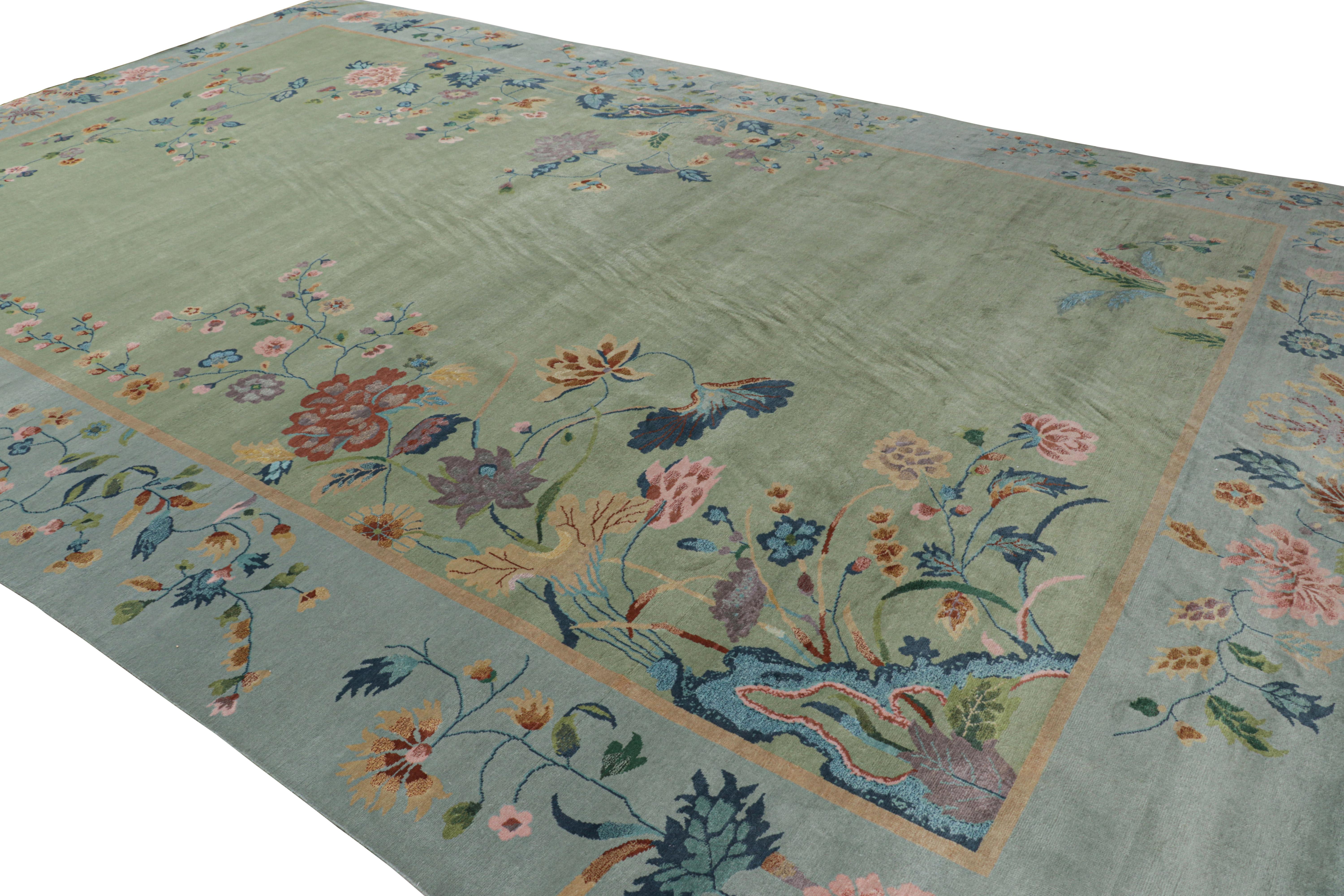 Hand-Knotted Rug & Kilim’s Oversized Chinese Art Deco Style Floral Rug in Green and Blue For Sale