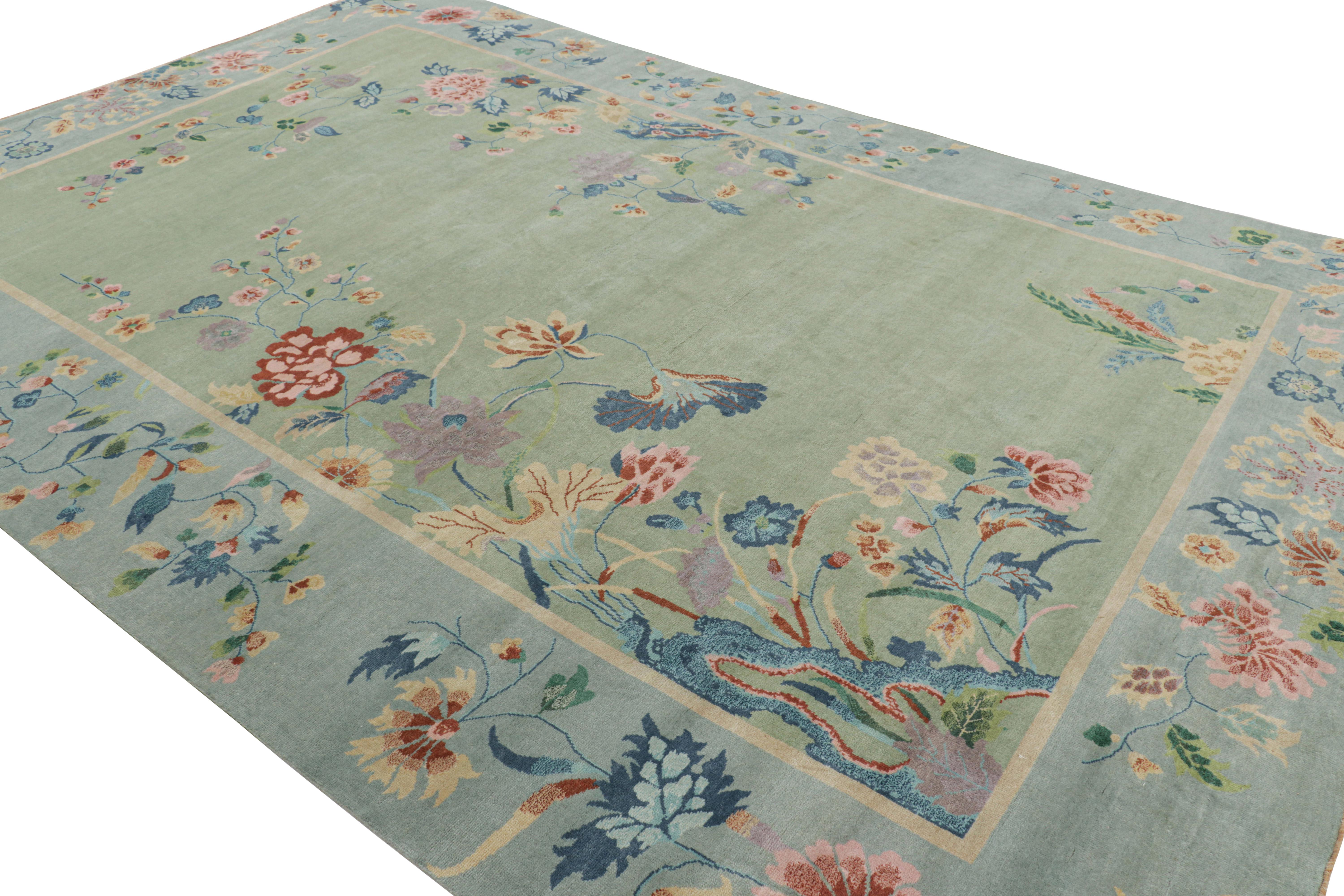 Hand-Knotted Rug & Kilim’s Oversized Chinese Art Deco Style Floral Rug in Green and Blue For Sale