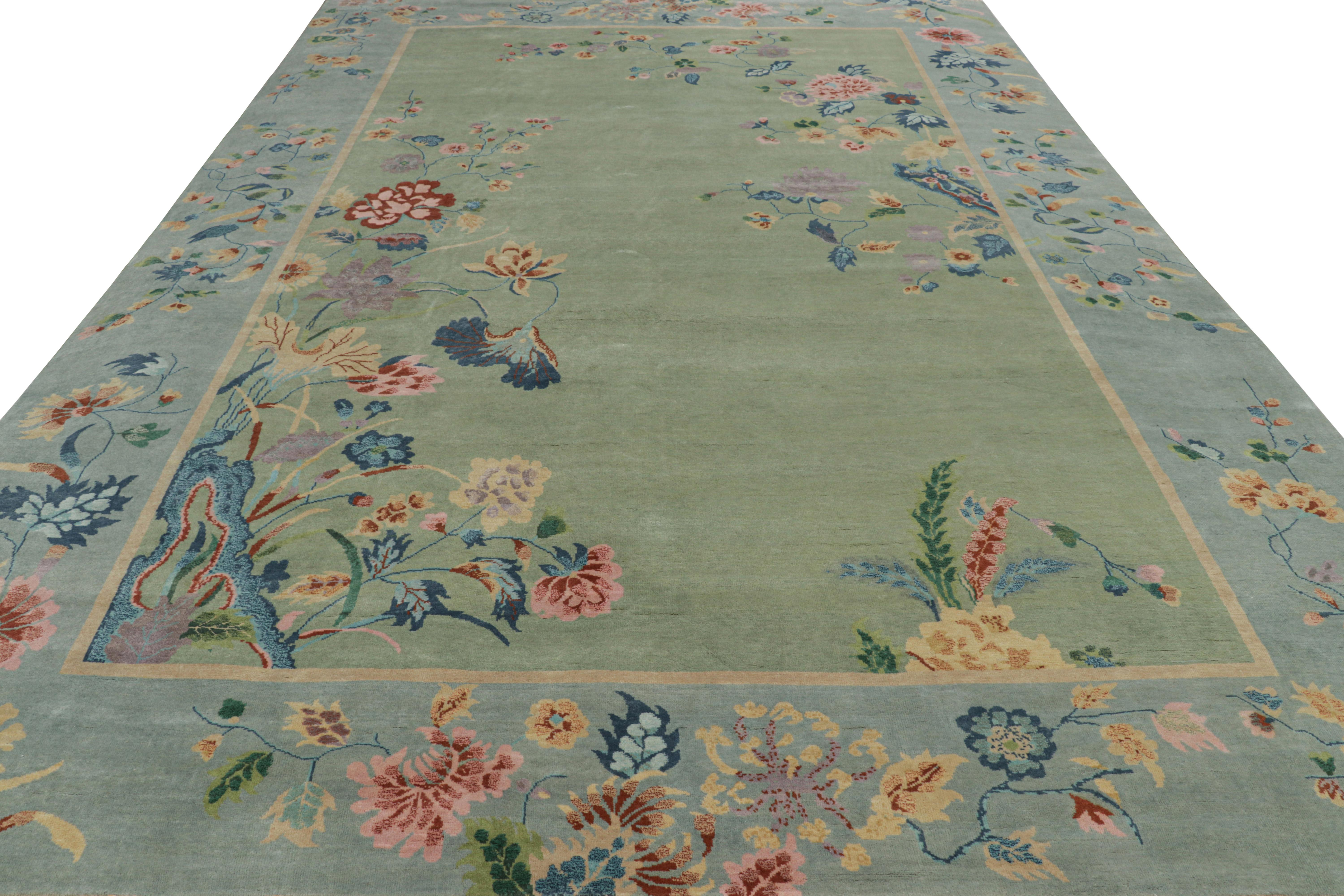 Rug & Kilim’s Oversized Chinese Art Deco Style Floral Rug in Green and Blue In New Condition For Sale In Long Island City, NY