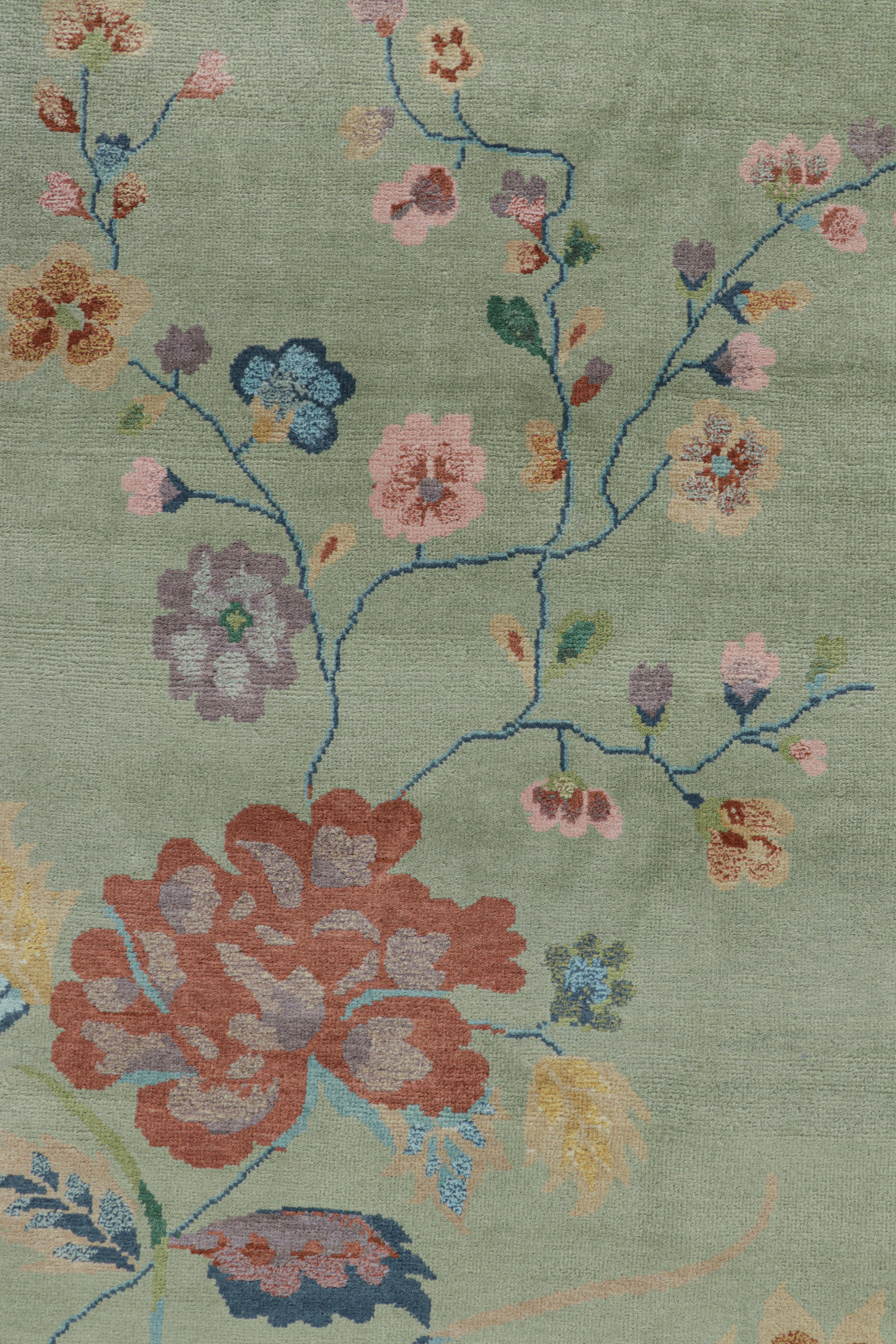 Contemporary Rug & Kilim’s Oversized Chinese Art Deco Style Floral Rug in Green and Blue For Sale