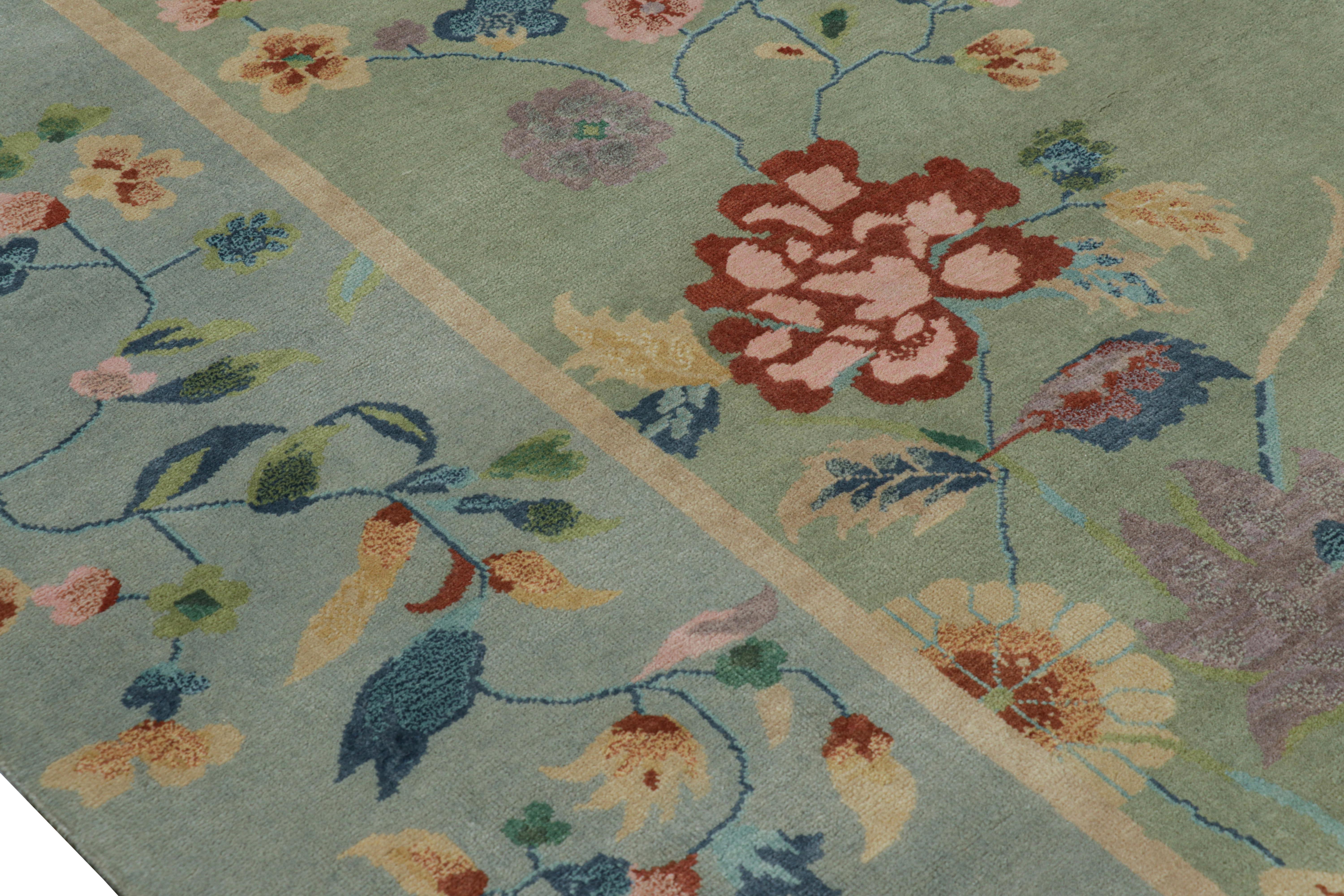 Contemporary Rug & Kilim’s Oversized Chinese Art Deco Style Floral Rug in Green and Blue For Sale