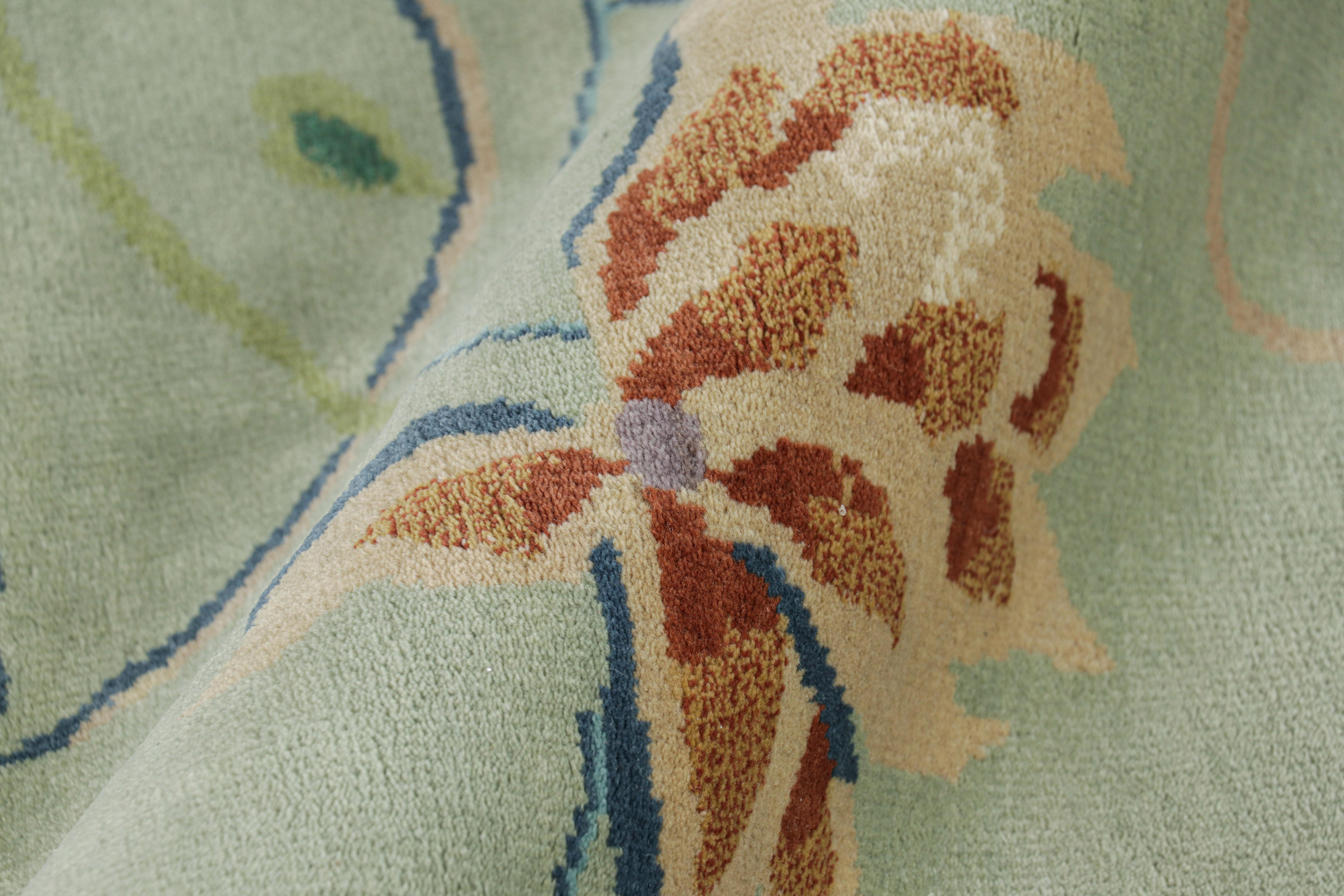 Wool Rug & Kilim’s Oversized Chinese Art Deco Style Floral Rug in Green and Blue For Sale