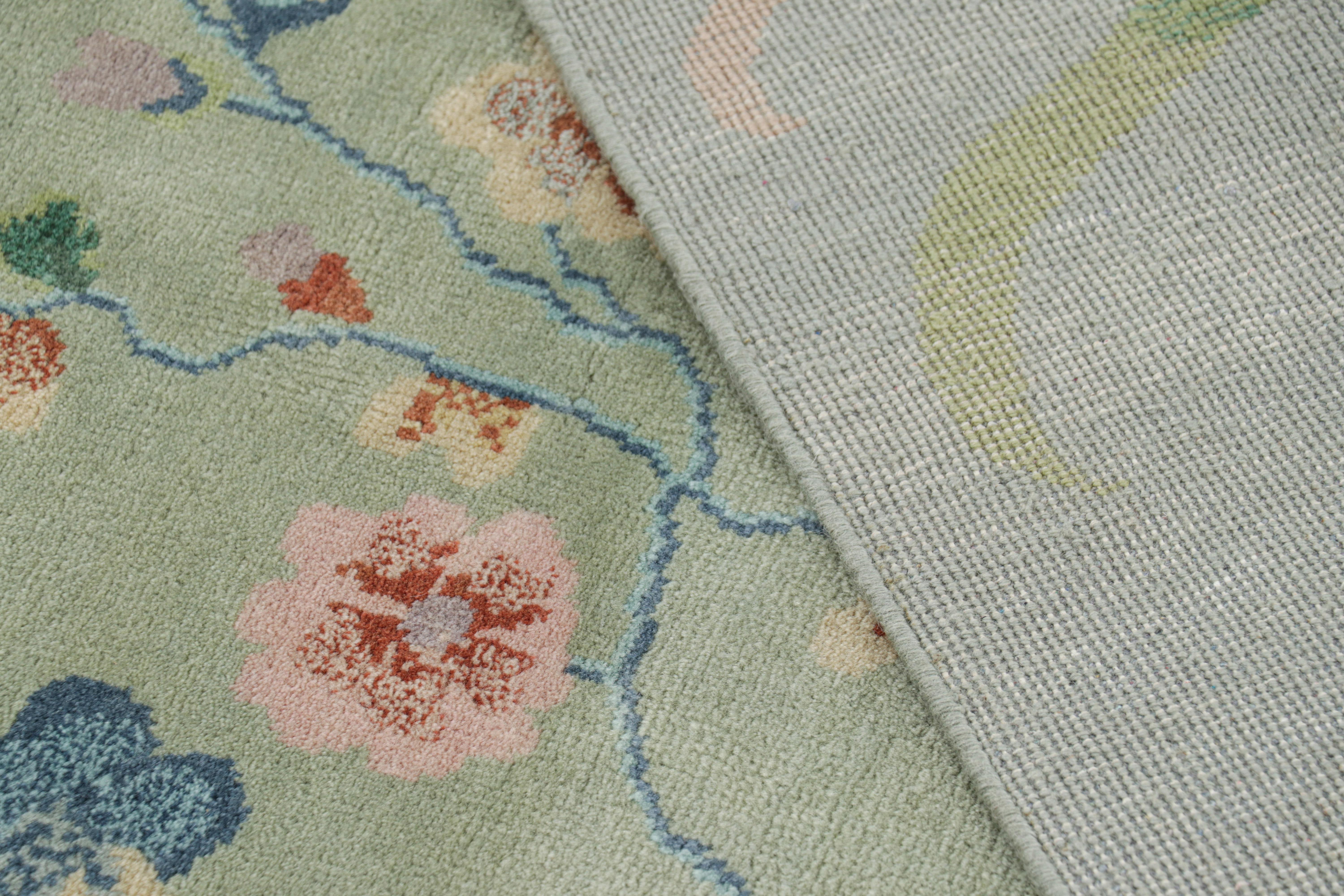 Wool Rug & Kilim’s Oversized Chinese Art Deco Style Floral Rug in Green and Blue For Sale