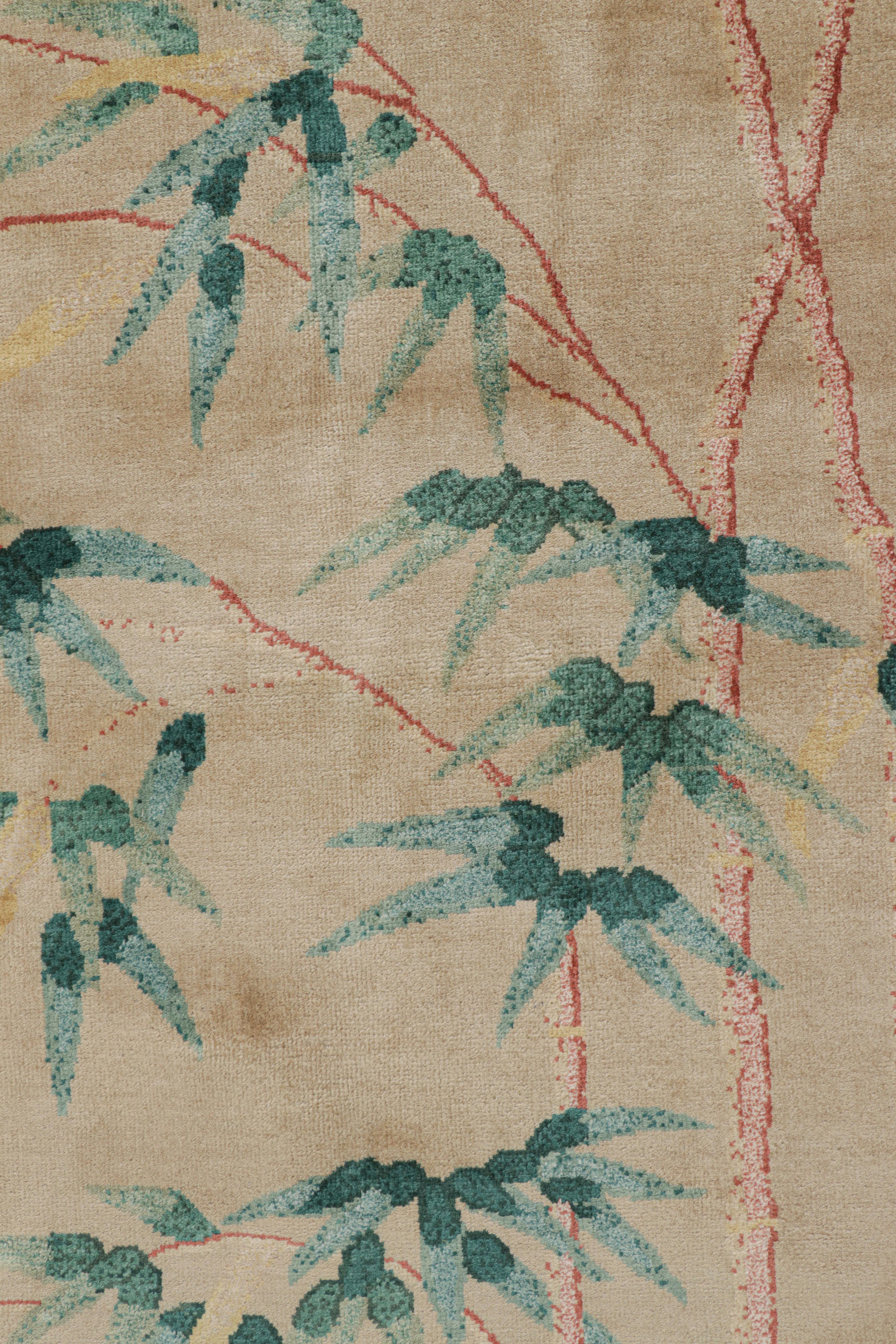 Indian Rug & Kilim’s Oversized Chinese Art Deco Style Floral Square Rug in Beige For Sale