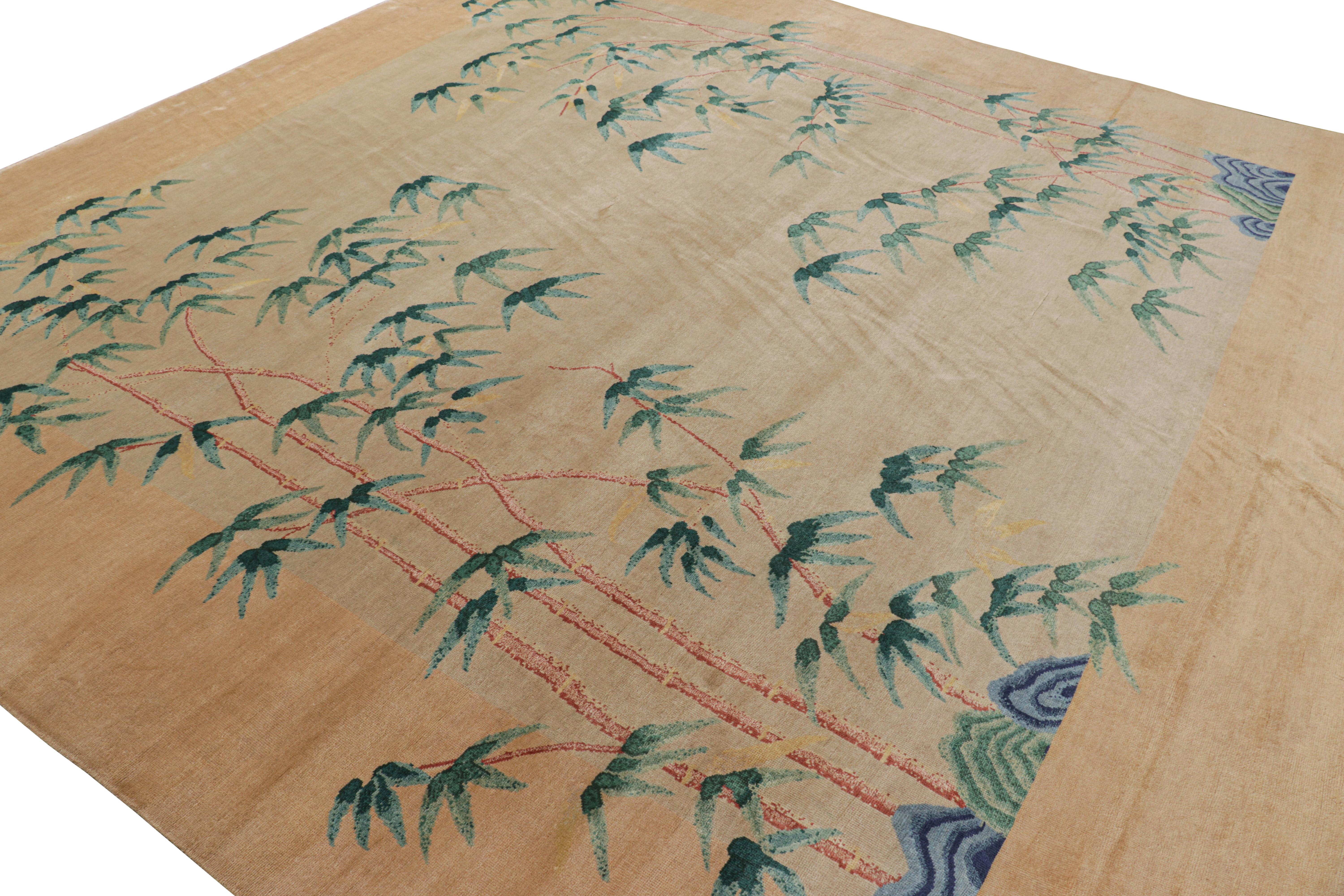 Hand-Knotted Rug & Kilim’s Oversized Chinese Art Deco Style Floral Square Rug in Beige For Sale