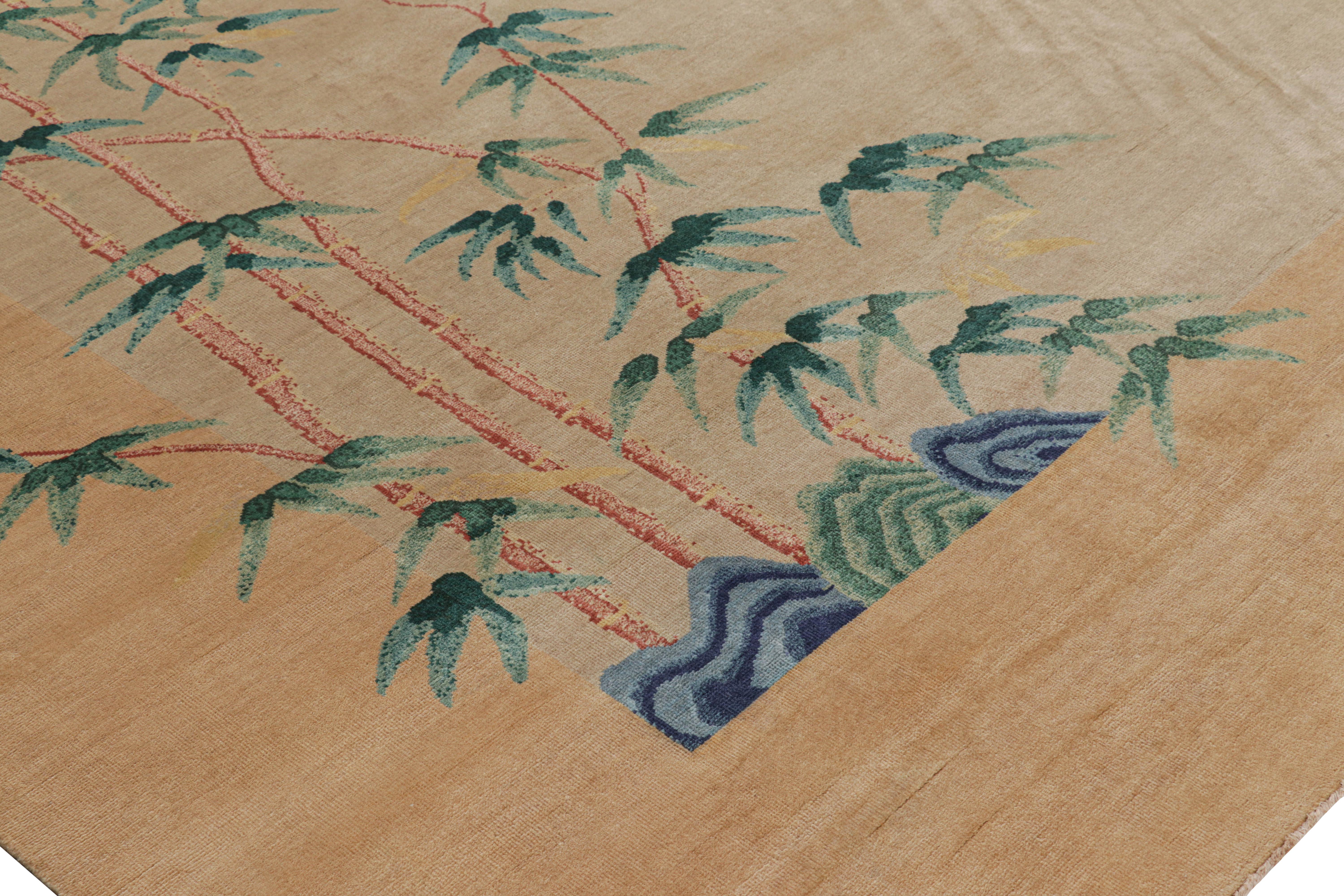 Contemporary Rug & Kilim’s Oversized Chinese Art Deco Style Floral Square Rug in Beige For Sale