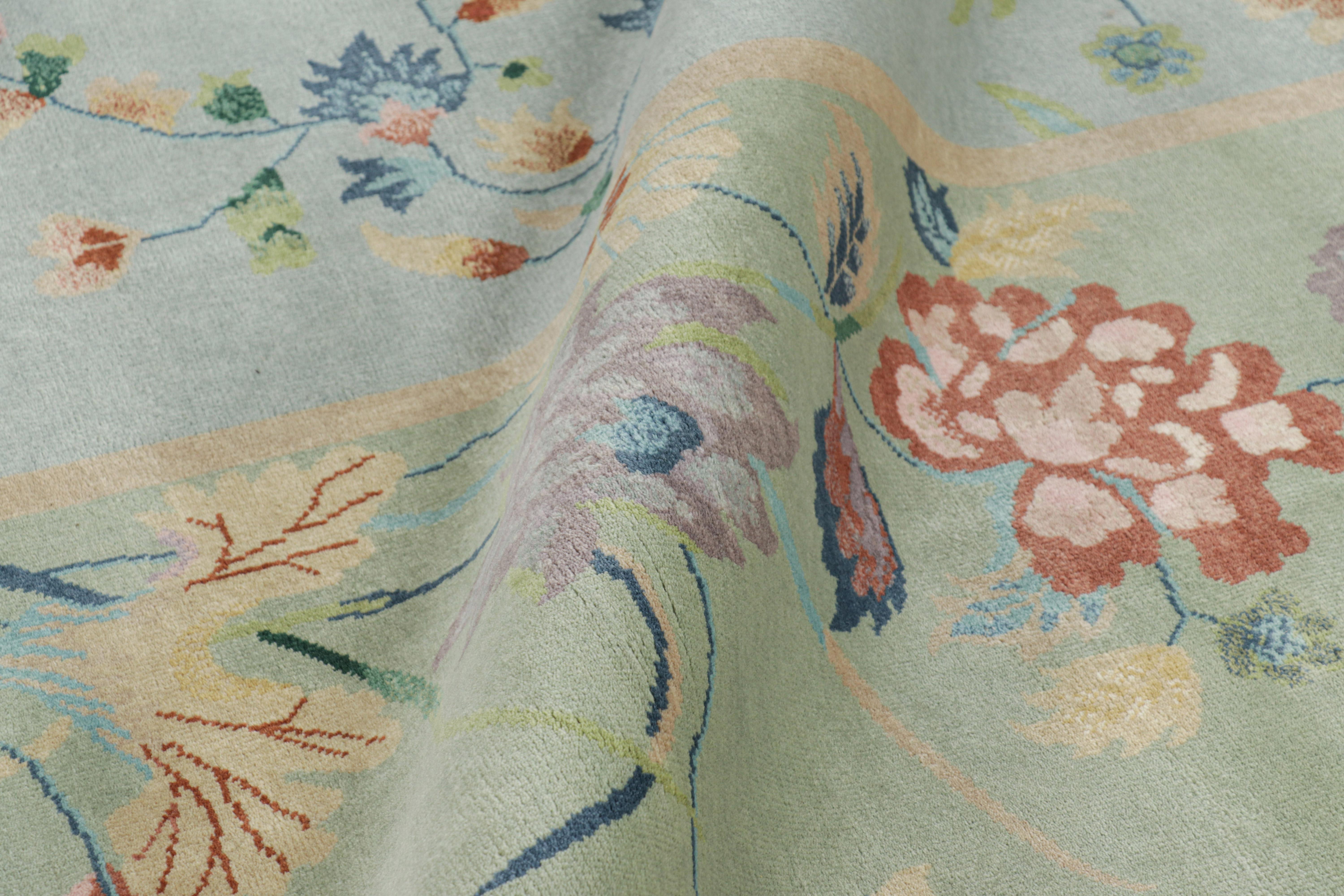 Indian Rug & Kilim’s Oversized Chinese Art Deco Style Floral Square Rug in Green & Blue For Sale