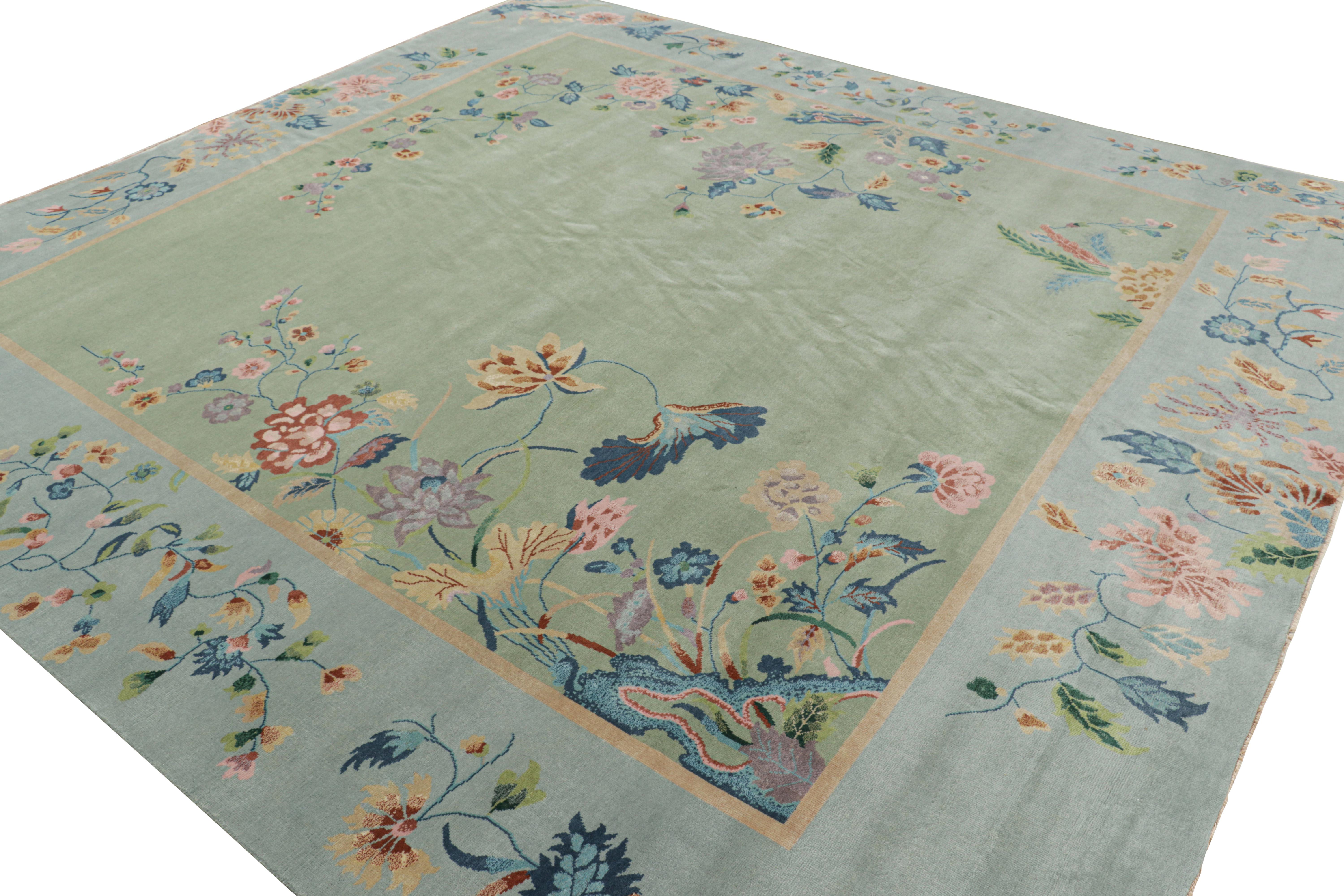 Hand-Knotted Rug & Kilim’s Oversized Chinese Art Deco Style Floral Square Rug in Green & Blue For Sale