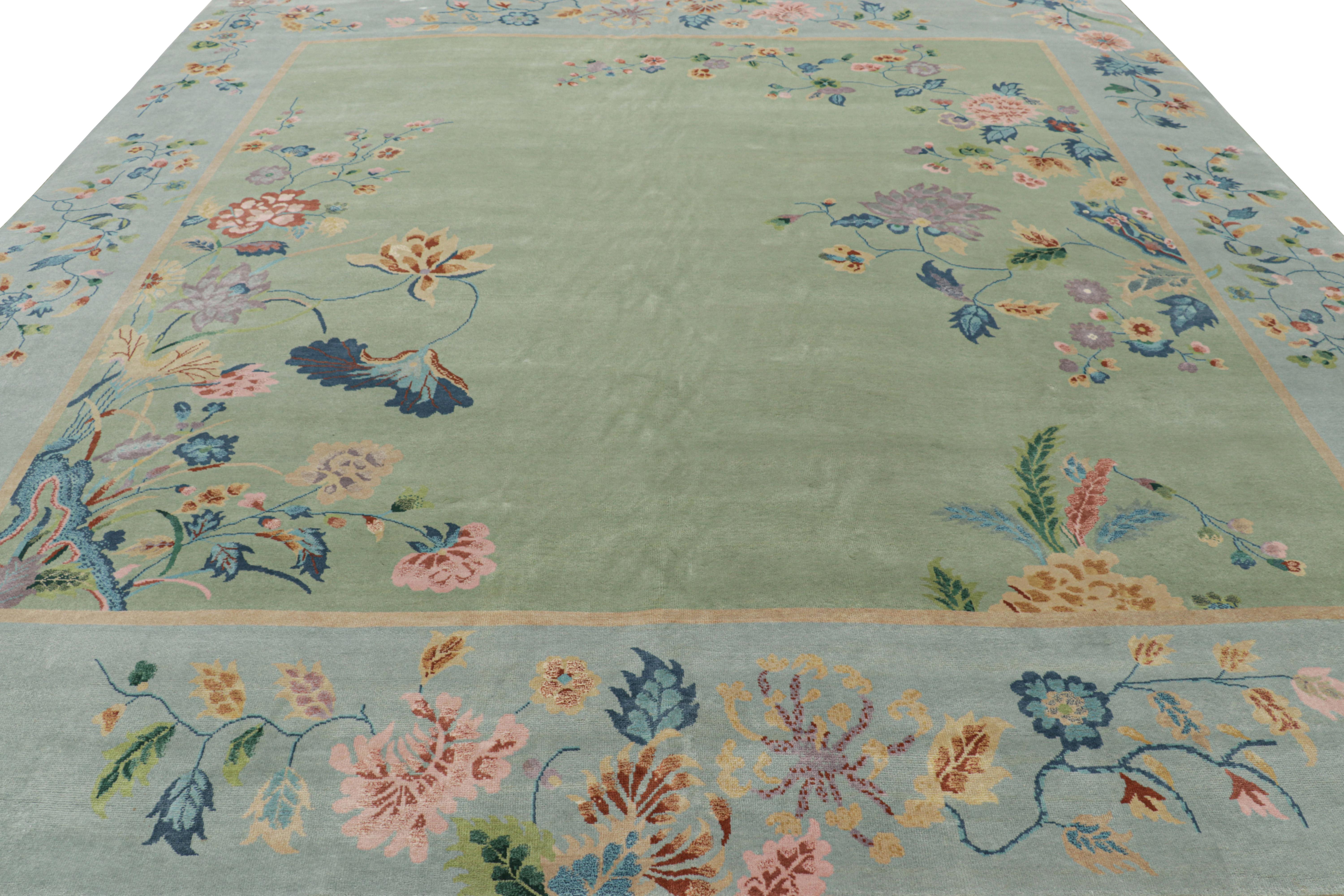 Rug & Kilim’s Oversized Chinese Art Deco Style Floral Square Rug in Green & Blue In New Condition For Sale In Long Island City, NY