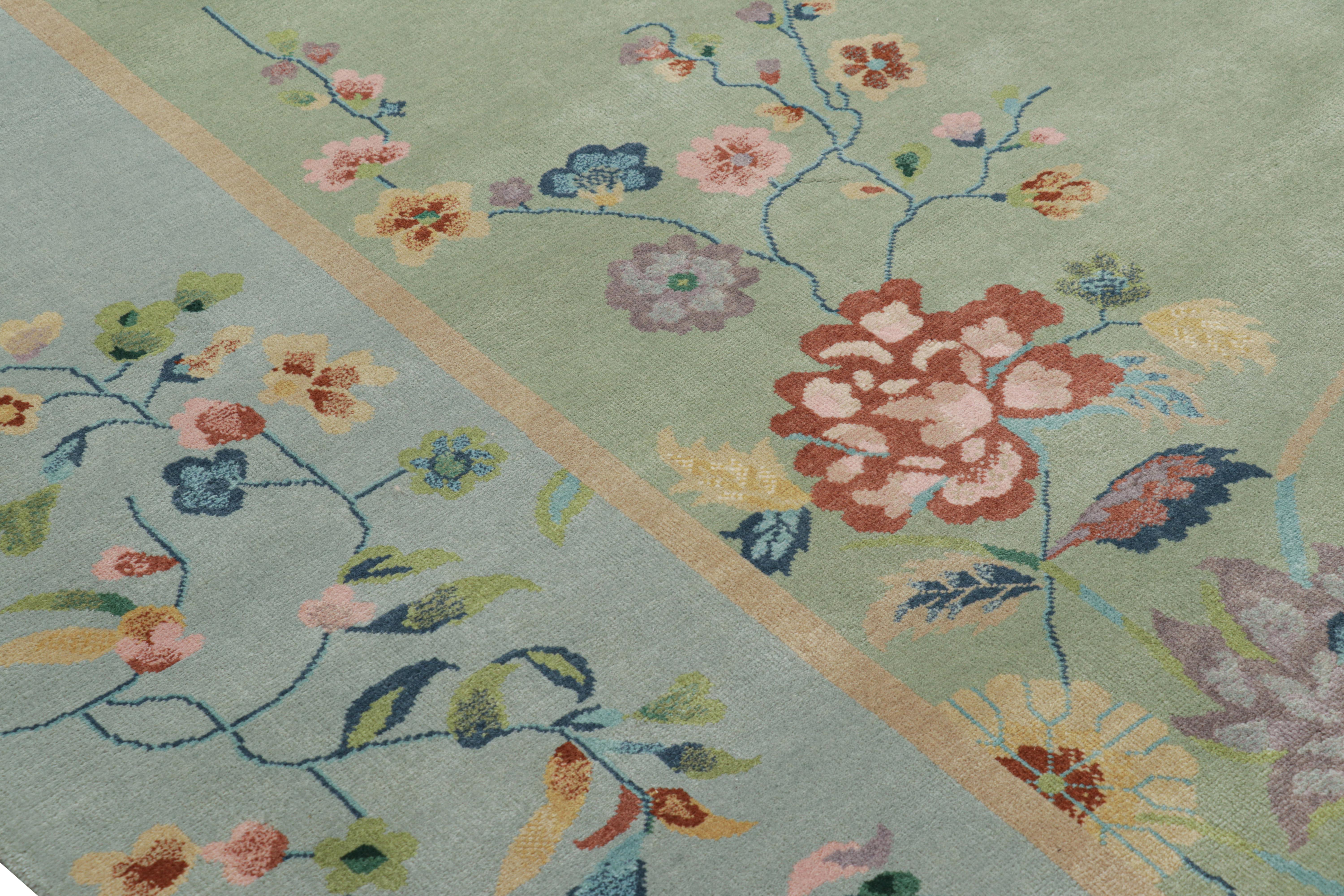 Contemporary Rug & Kilim’s Oversized Chinese Art Deco Style Floral Square Rug in Green & Blue For Sale