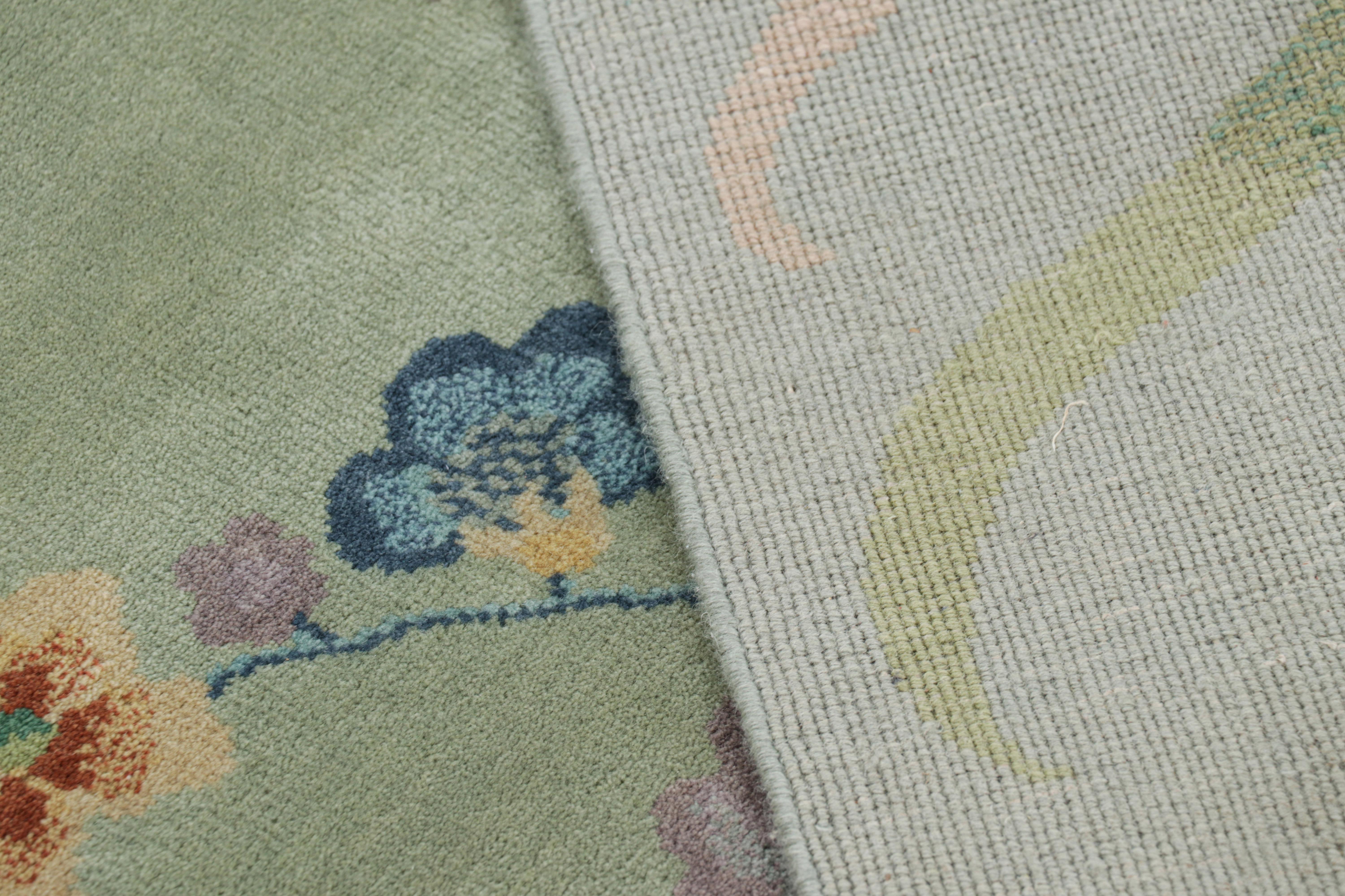 Wool Rug & Kilim’s Oversized Chinese Art Deco Style Floral Square Rug in Green & Blue For Sale