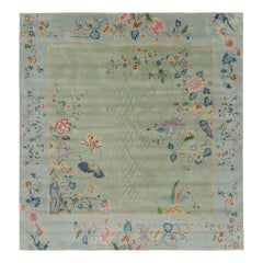 Rug & Kilim’s Oversized Chinese Art Deco Style Floral Square Rug in Green & Blue Rug & Kilim’s Oversized Chinese Art Deco Style Floral Square Rug in Green & Blue