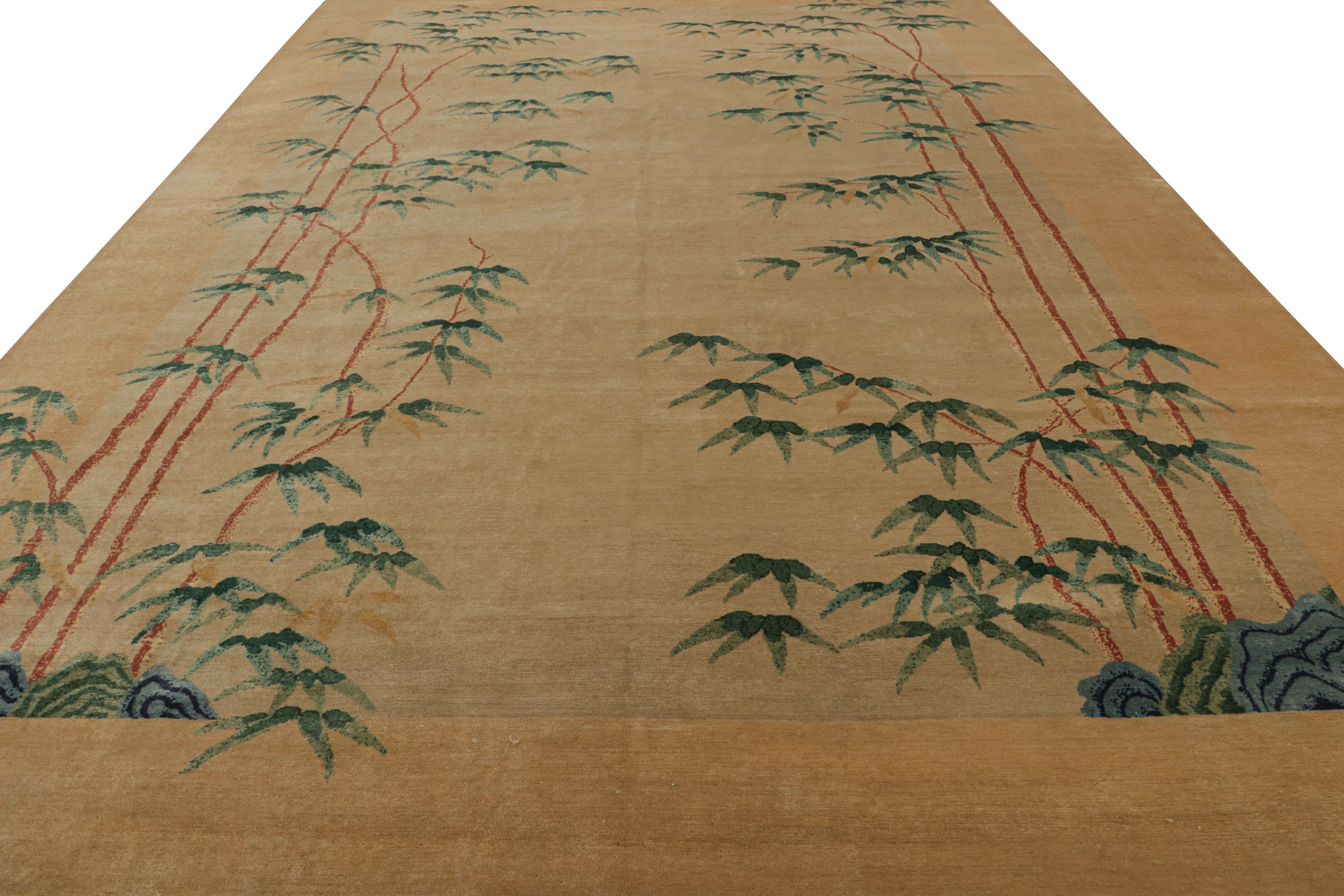 Modern Rug & Kilim’s Oversized Chinese Art Deco Style Rug in Camel with Teal Florals For Sale