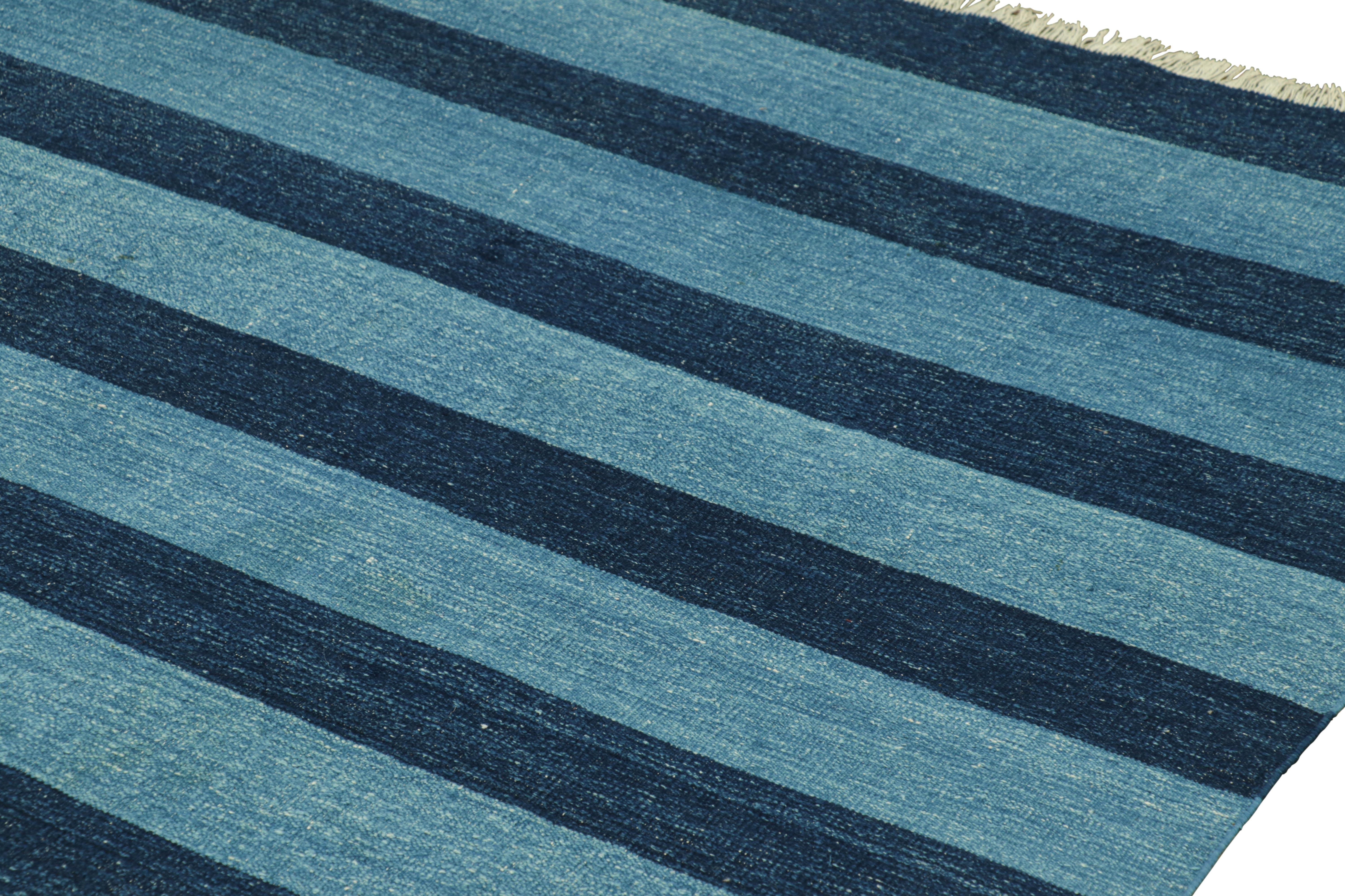 Modern Rug & Kilim’s Oversized Contemporary Dhurrie Rug in Blue Stripes For Sale
