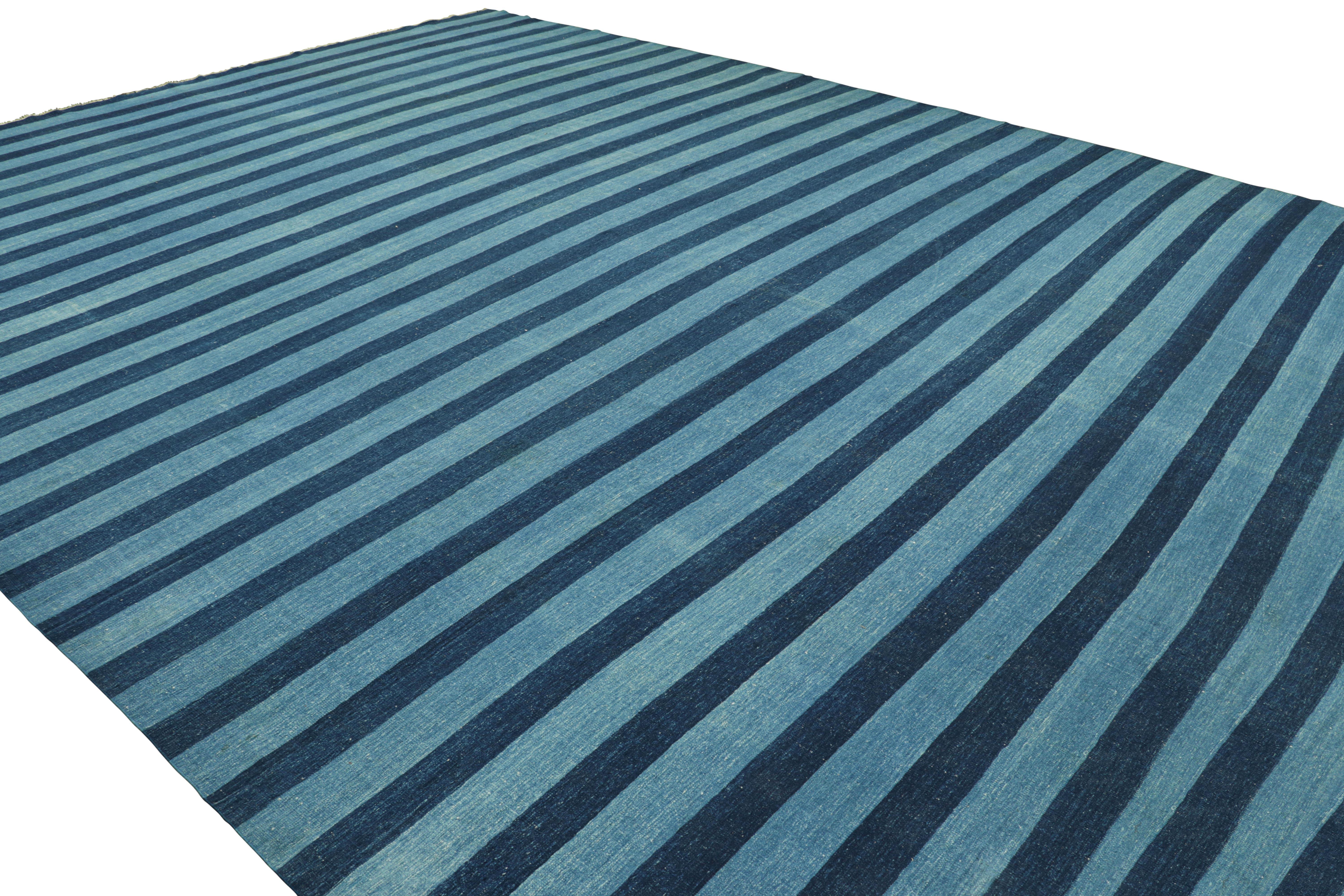 Hand-Woven Rug & Kilim’s Oversized Contemporary Dhurrie Rug in Blue Stripes For Sale