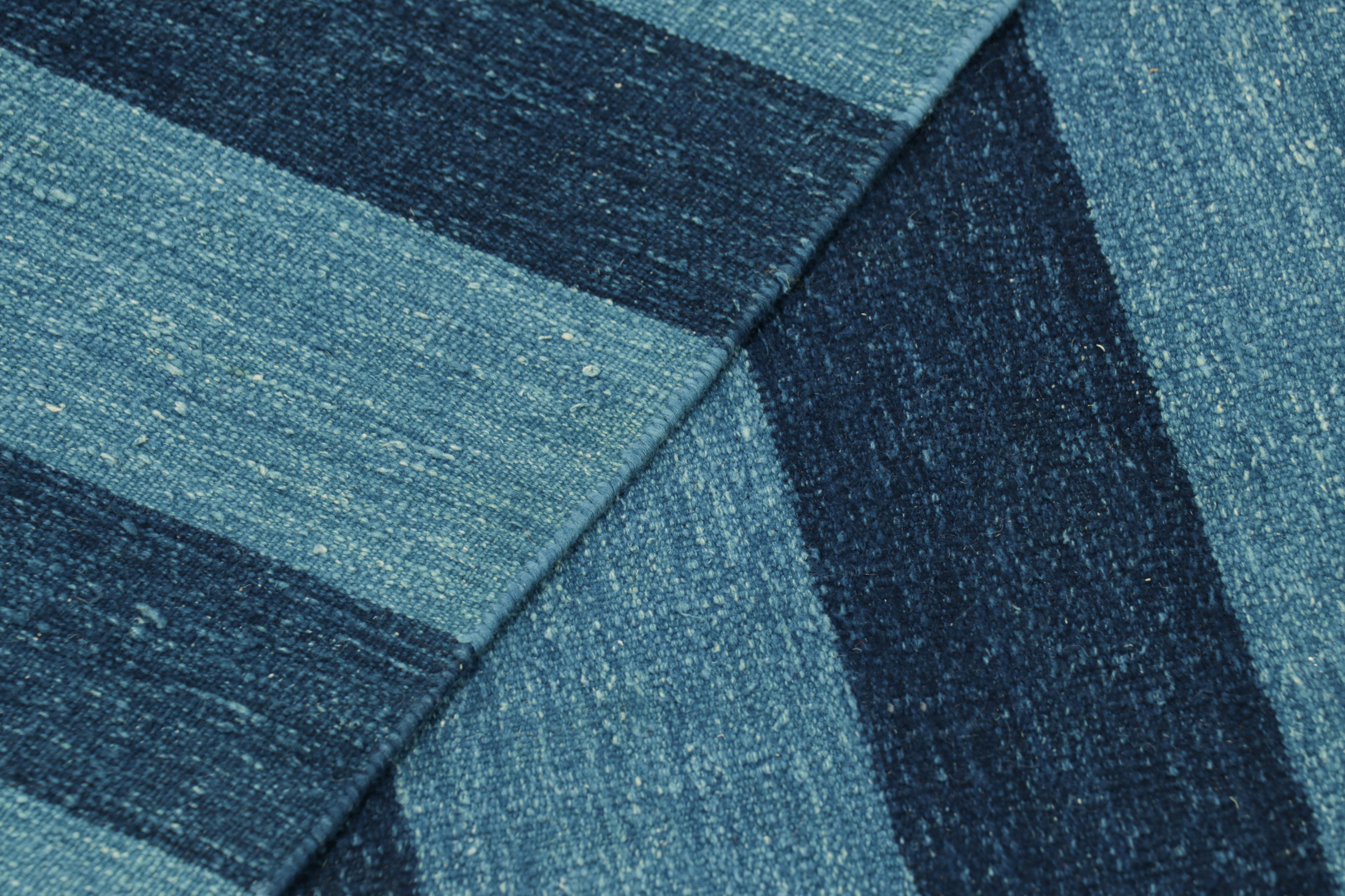 Cotton Rug & Kilim’s Oversized Contemporary Dhurrie Rug in Blue Stripes For Sale