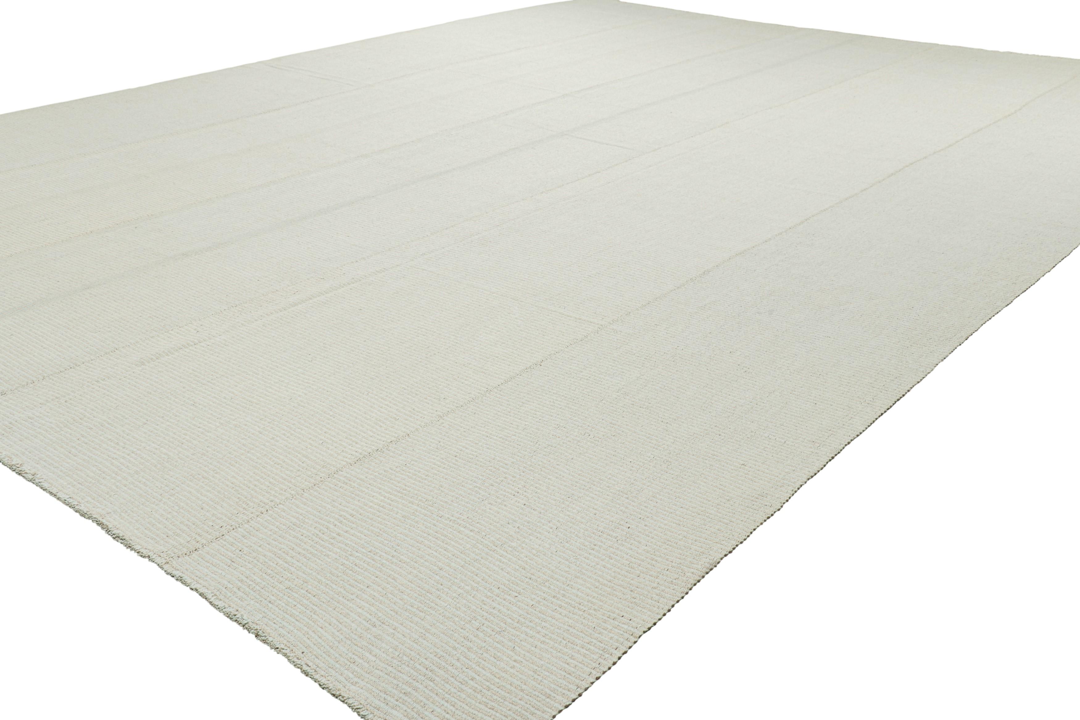 Hand-Woven Rug & Kilim's Oversized Contemporary Kilim in Beige and Blue Textural Stripes For Sale