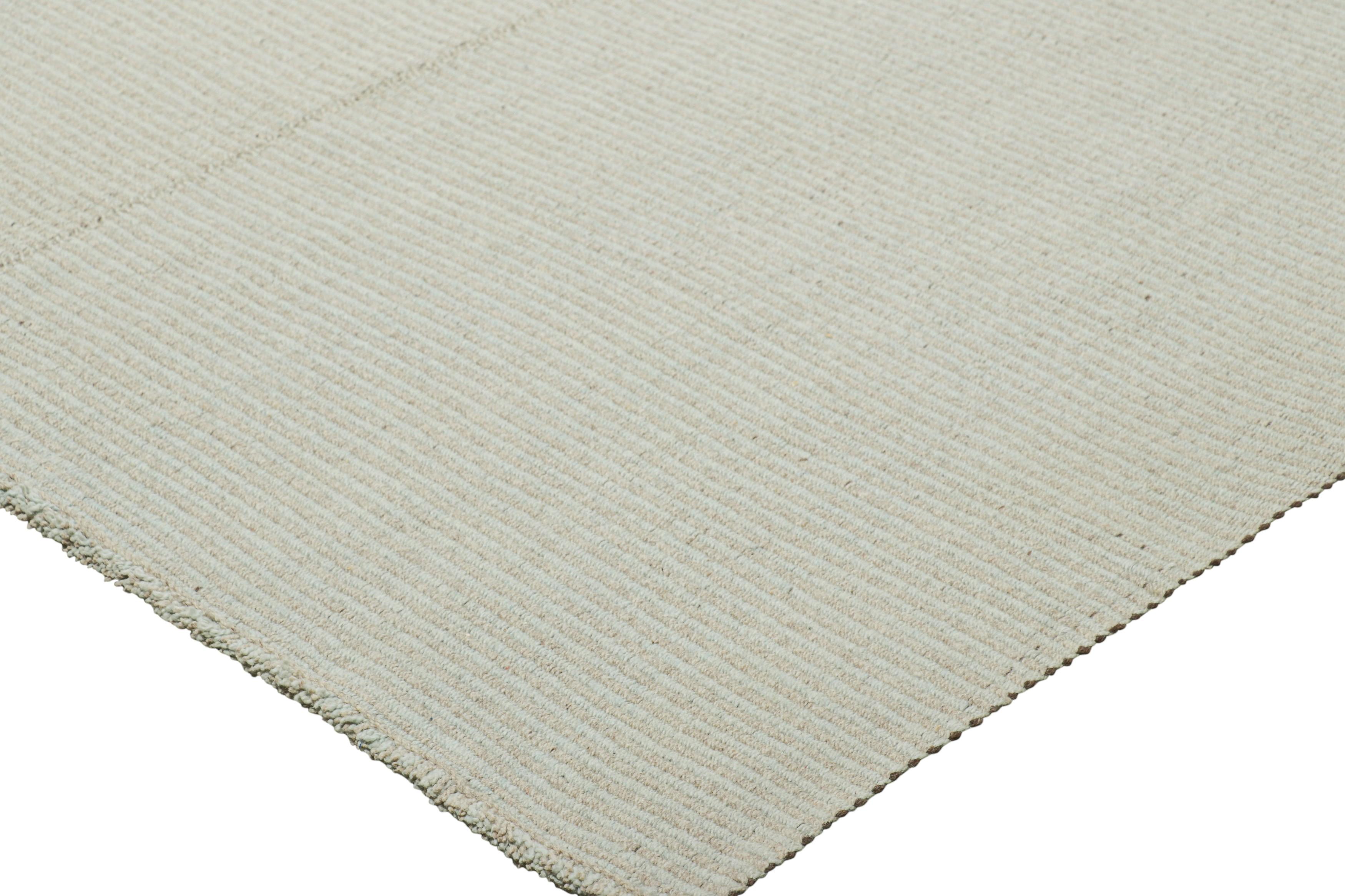 Wool Rug & Kilim's Oversized Contemporary Kilim in Beige and Blue Textural Stripes For Sale