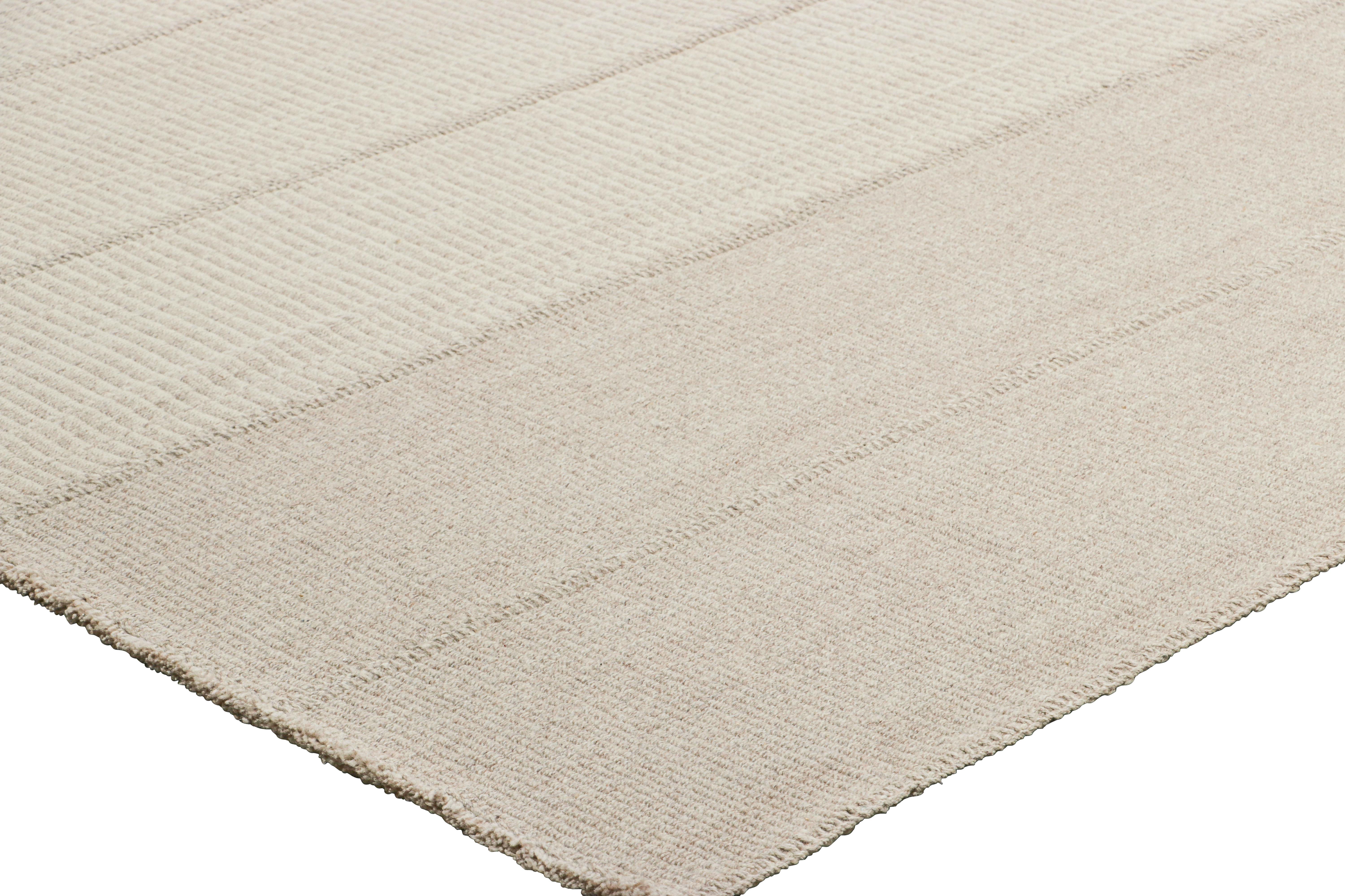 Wool Rug & Kilim’s Oversized Contemporary Kilim with Textural Beige and Cream Stripes For Sale
