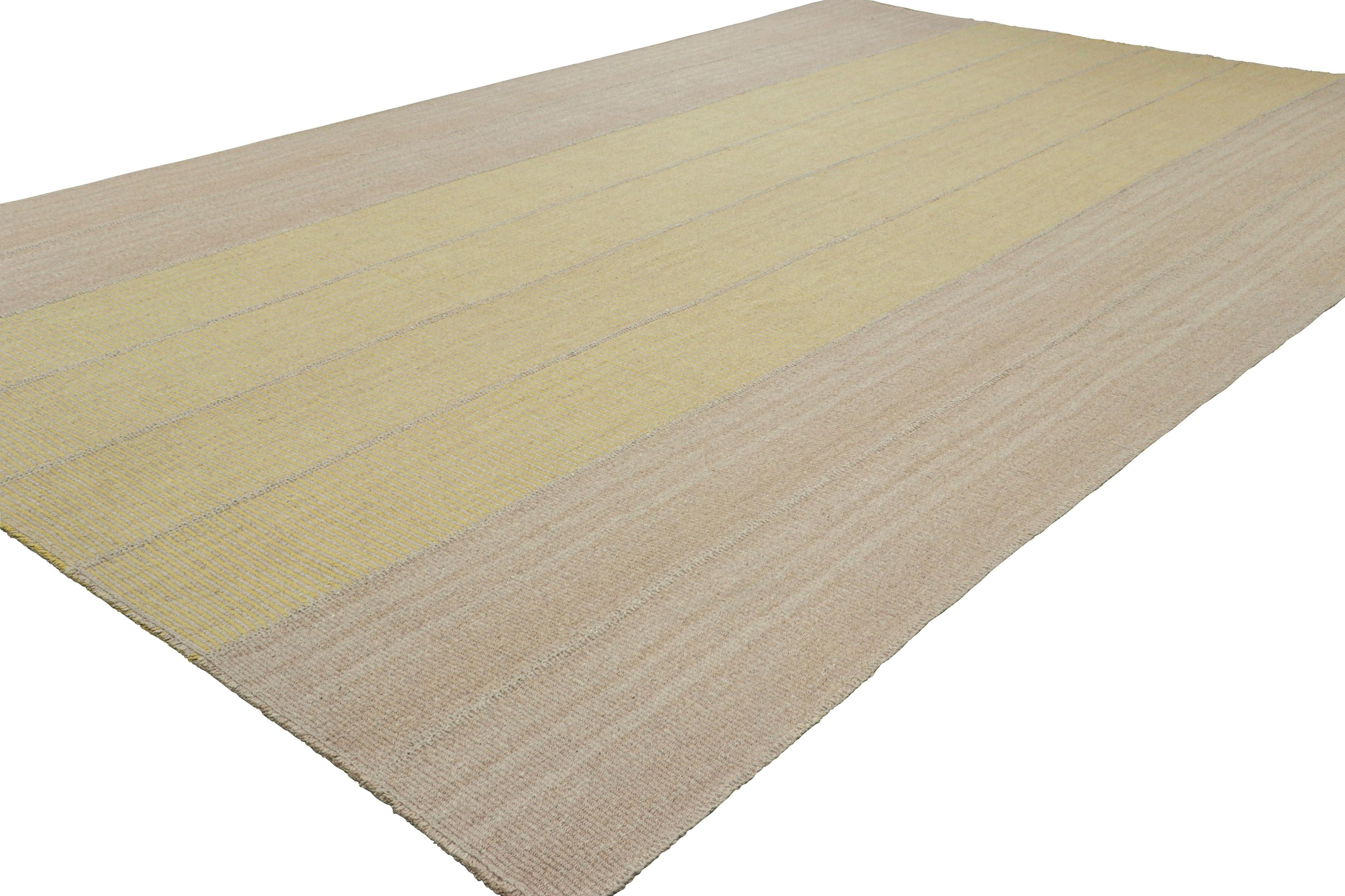 Hand-Woven Rug & Kilim’s Oversized Contemporary Kilim with Textural Beige and Gold Stripes For Sale