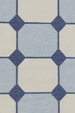 Rug & Kilim's Oversized Dhurrie Rug in Blue and White Geometric Patterns