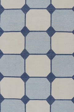 Rug & Kilim's Oversized Dhurrie Rug in White and Blue Geometric Patterns