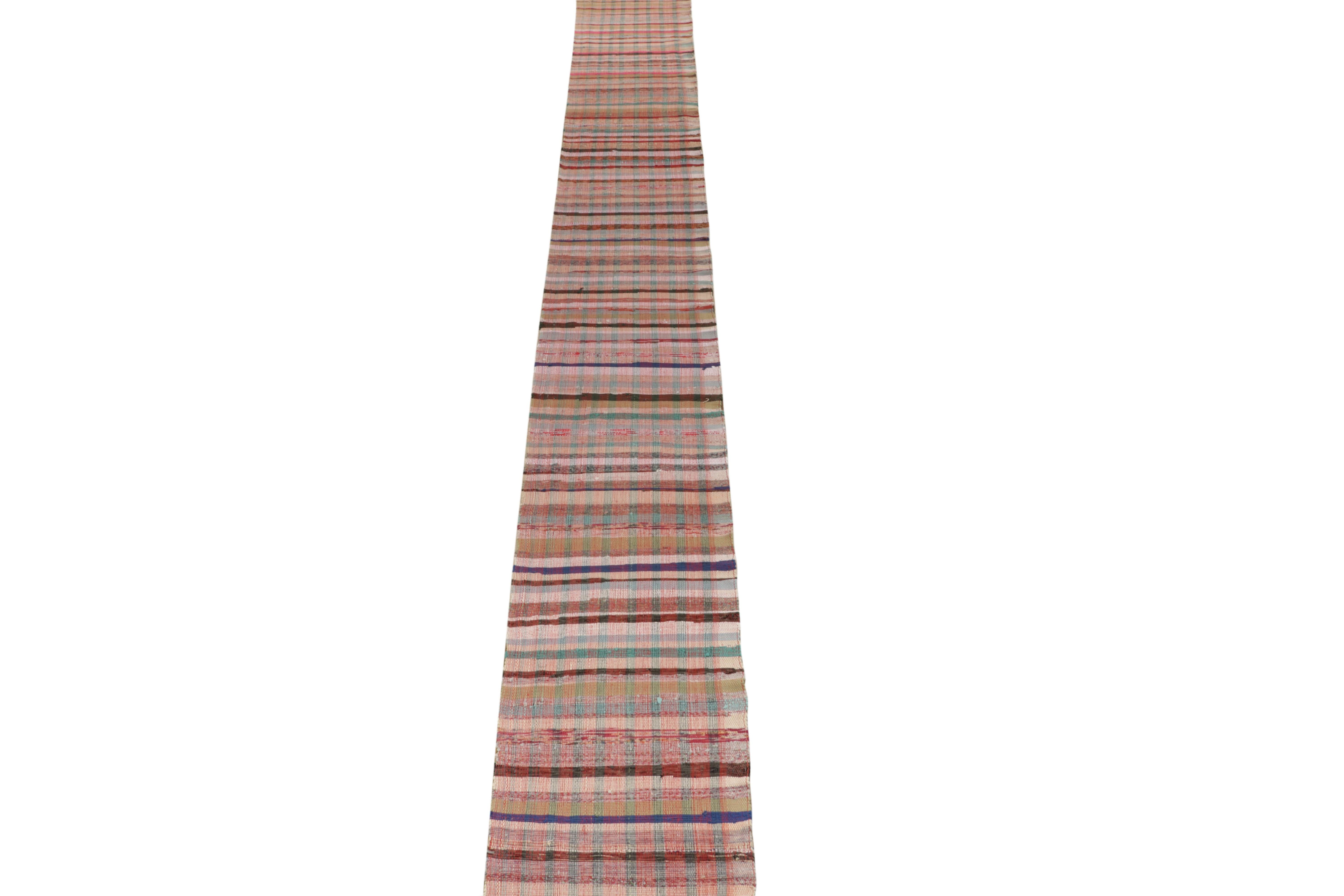 Modern Rug & Kilim’s Oversized Flat Weave Runner in Pink & Colorful Plaid Pattern For Sale