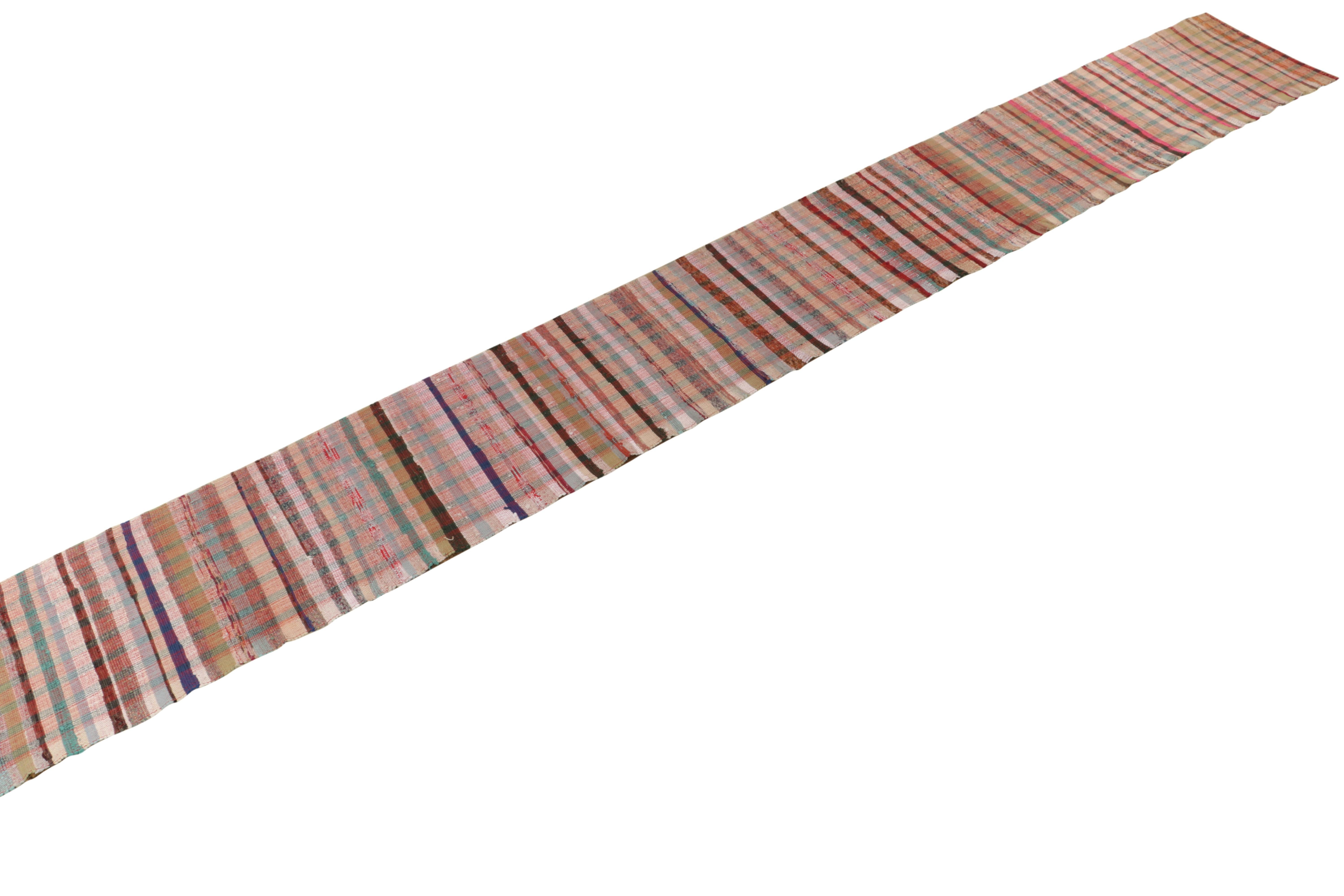 Turkish Rug & Kilim’s Oversized Flat Weave Runner in Pink & Colorful Plaid Pattern For Sale