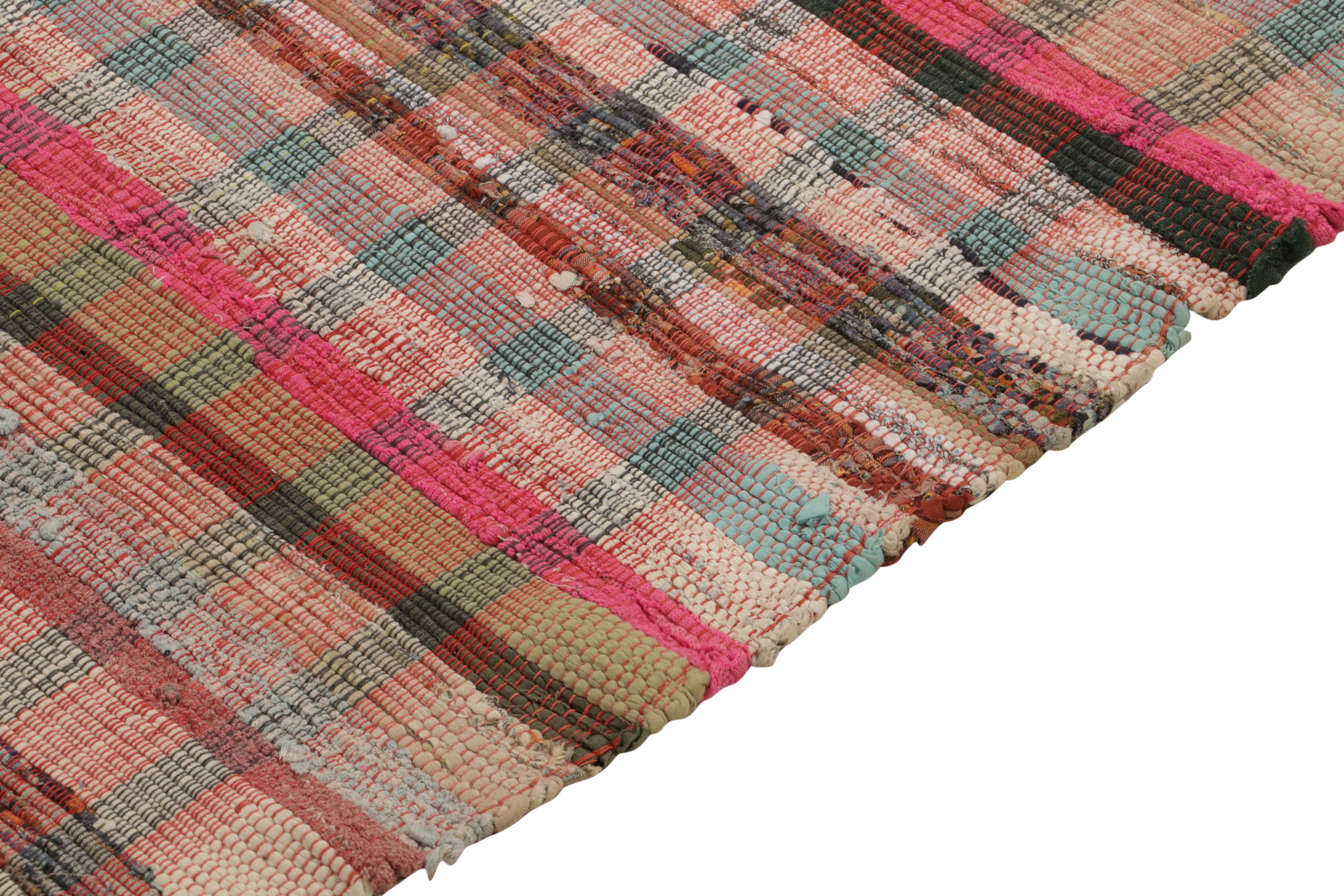 Hand-Knotted Rug & Kilim’s Oversized Flat Weave Runner in Pink & Colorful Plaid Pattern For Sale