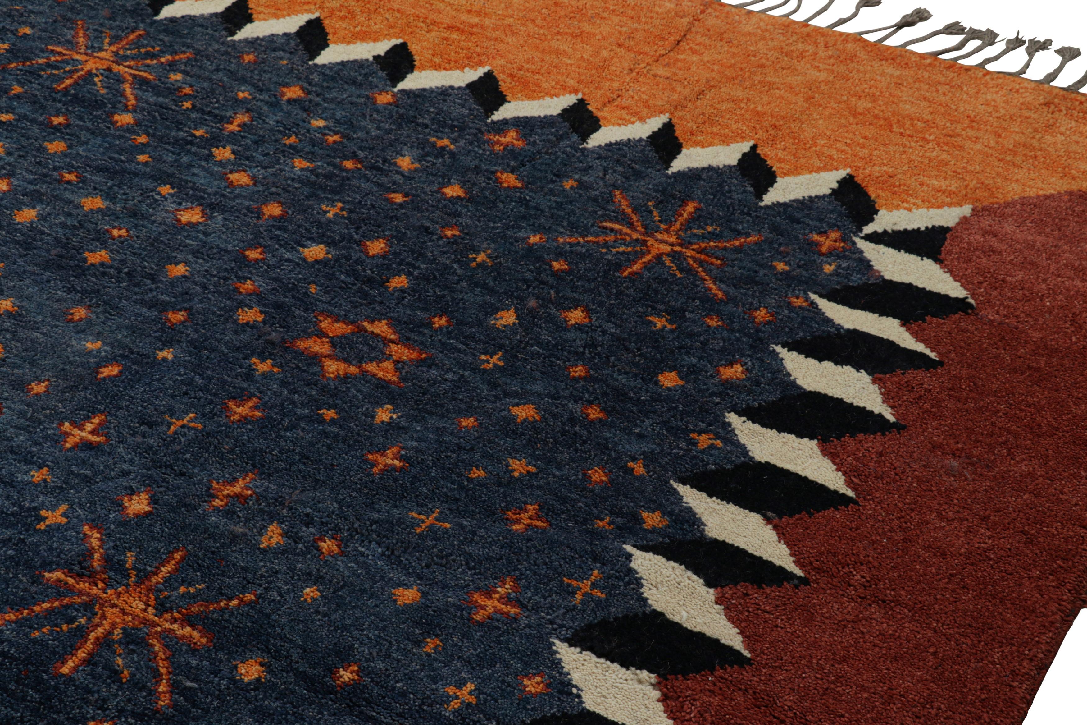 Wool Rug & Kilim’s Oversized Moroccan Style Rug in Blue with Rust Geometric Patterns For Sale