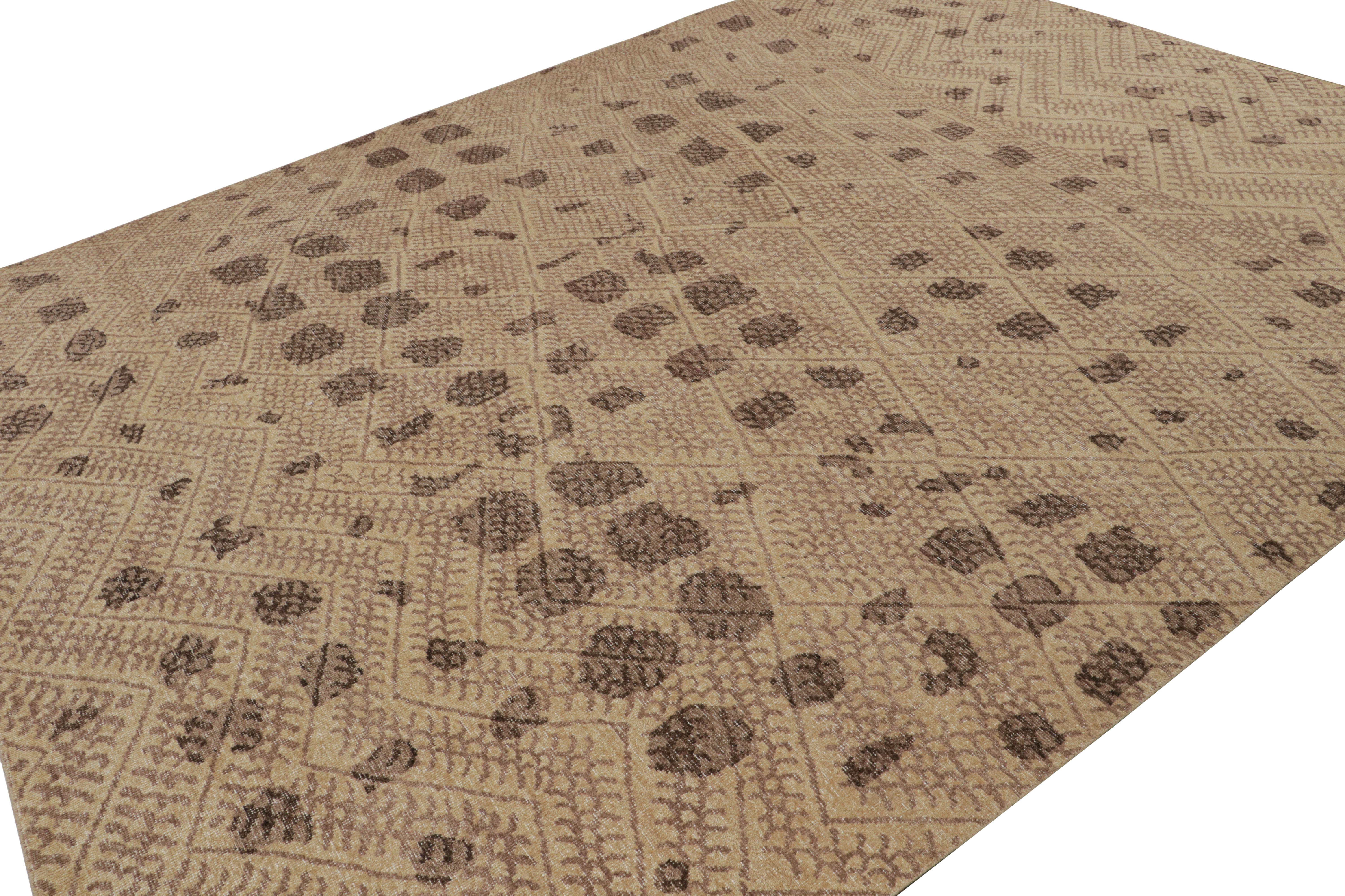 This 10x14 oversized rug is a bold new addition to the Homage Collection by Rug & Kilim. Hand-knotted in wool, this piece features geometric patterns inspired by the primitivist Berber style. 

On the Design: 

This design enjoys beige-brown