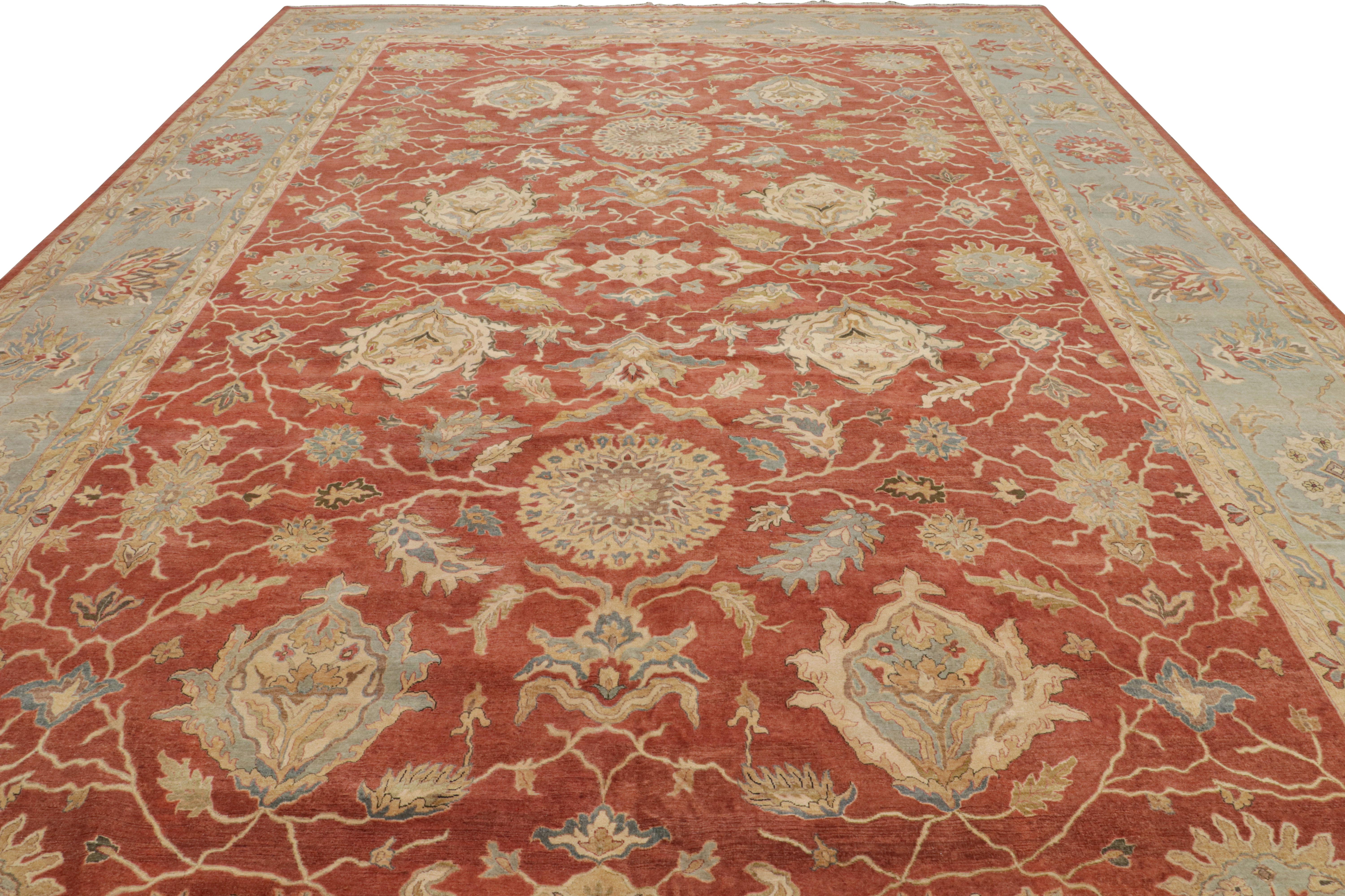 Hand-knotted in silk, this 13x20 rug from the ‘Modern Classics’ collection is inspired by antique Oriental rugs—particularly Persian Sultanabad rugs and Oushak rugs known to favor these particular palmettes and colors.  

On the Design; 

This rug