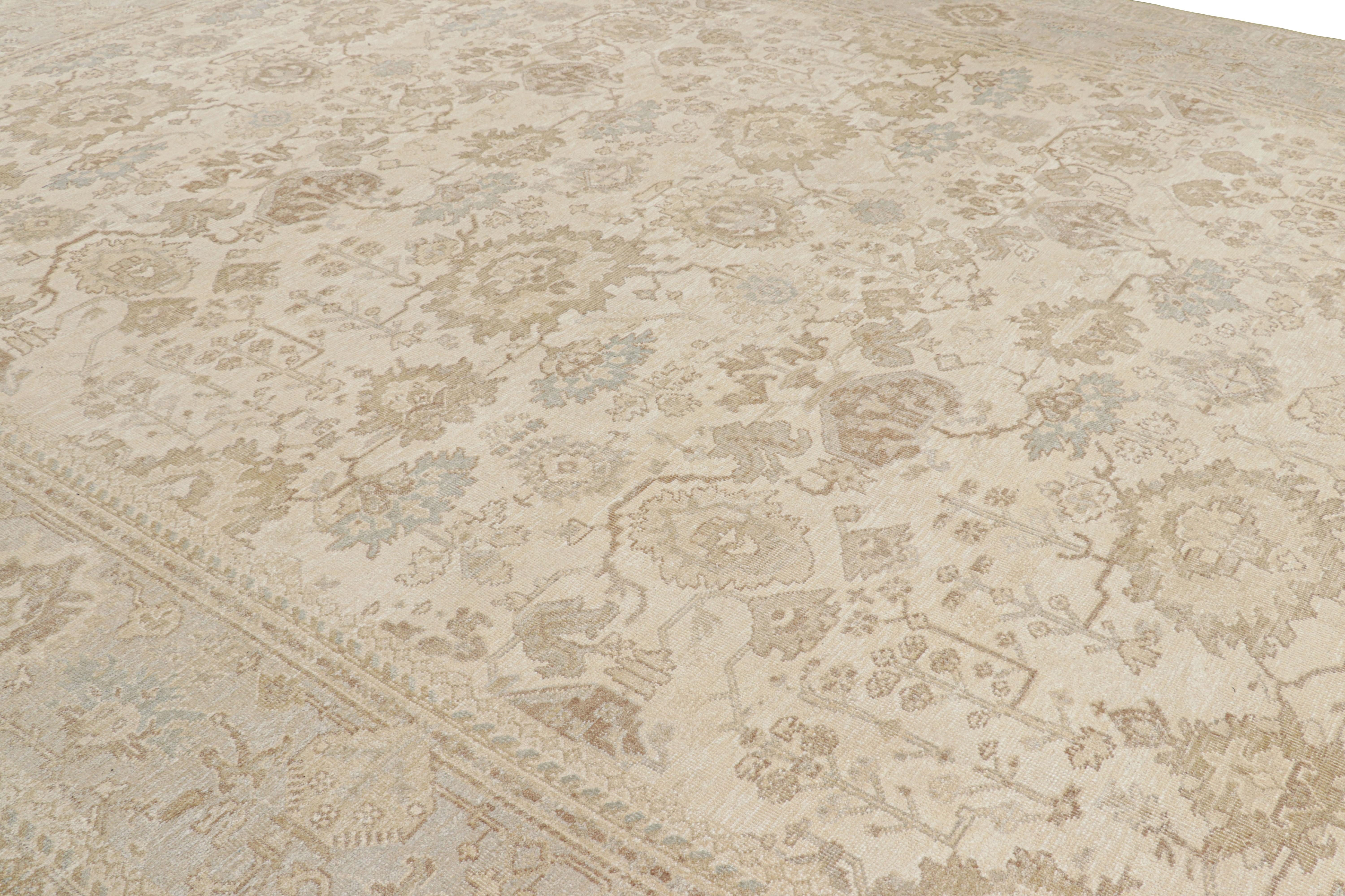 Hand-knotted in wool and silk, this 14x23 palace rug is from a new line of Rug & Kilim’s Modern Classics Collection, inspired by vintage and antique Oushak rug designs.

On the Design: 

Cream white, beige and light blue tones underscore a play of