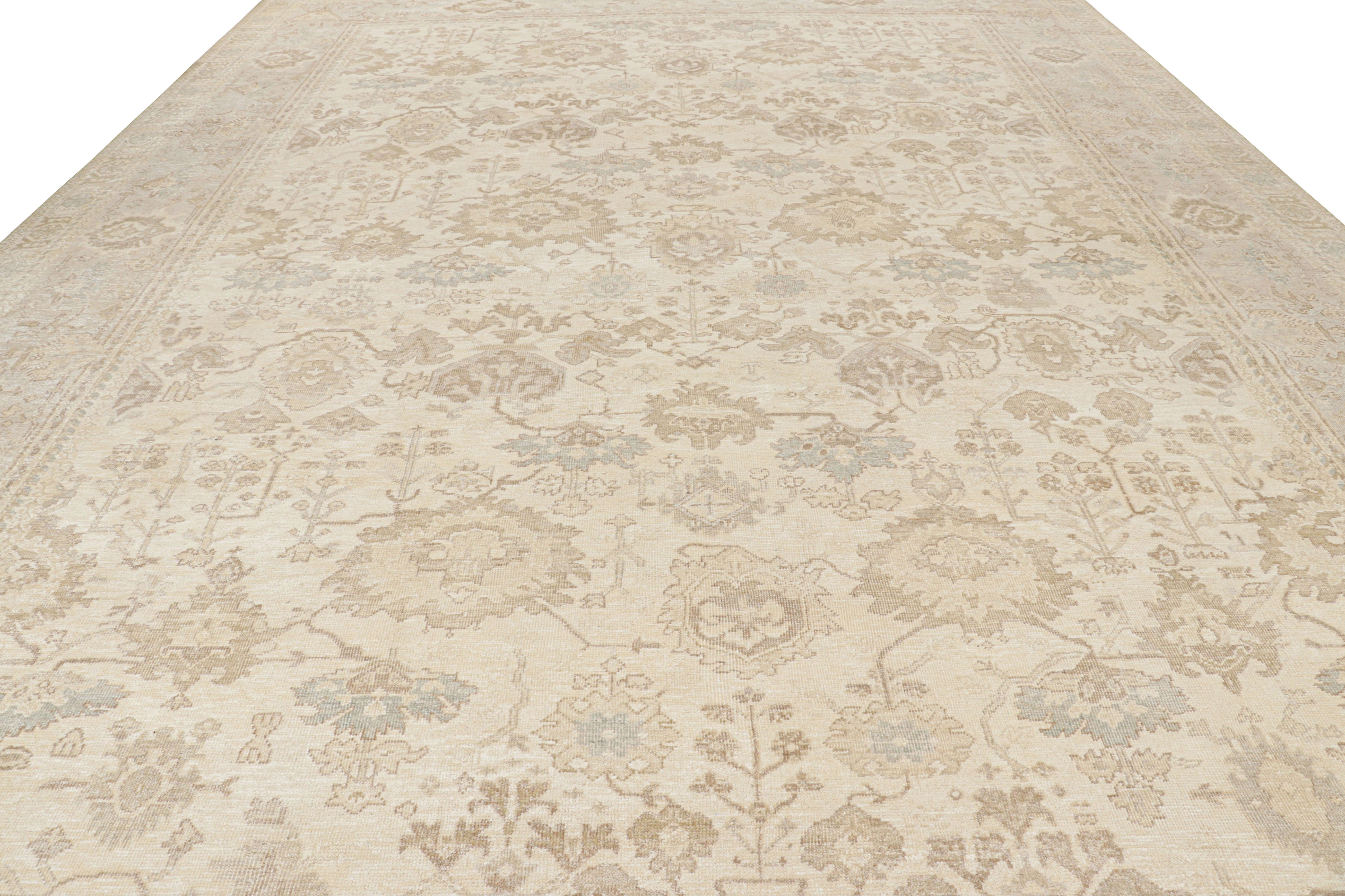 Hand-Knotted Rug & Kilim’s Oversized Oushak Style Rug in Beige, Cream and Blue Floral Pattern For Sale