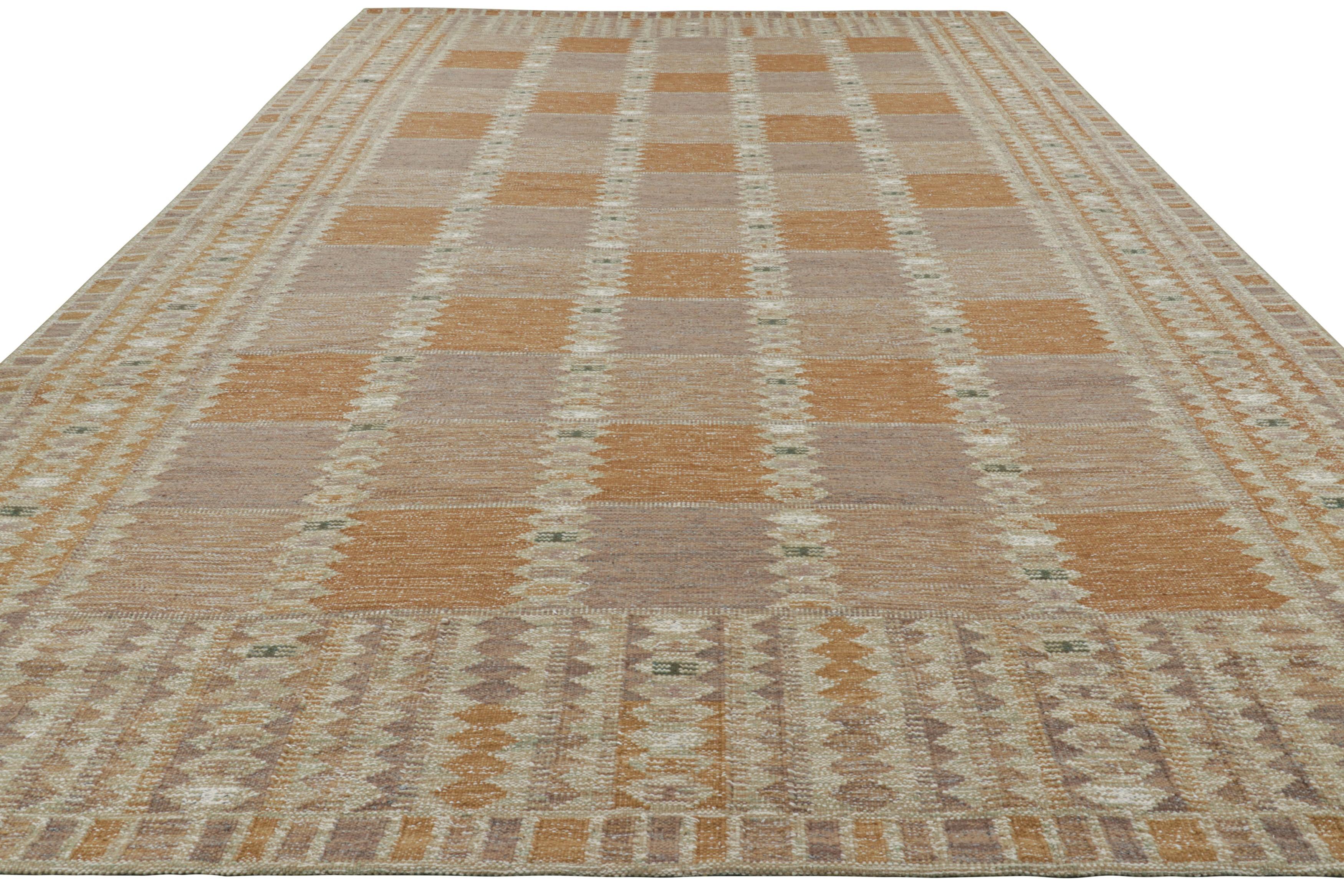 Indian Rug & Kilim’s Oversized Scandinavian Style Rug in Beige-Brown Geometric Patterns For Sale