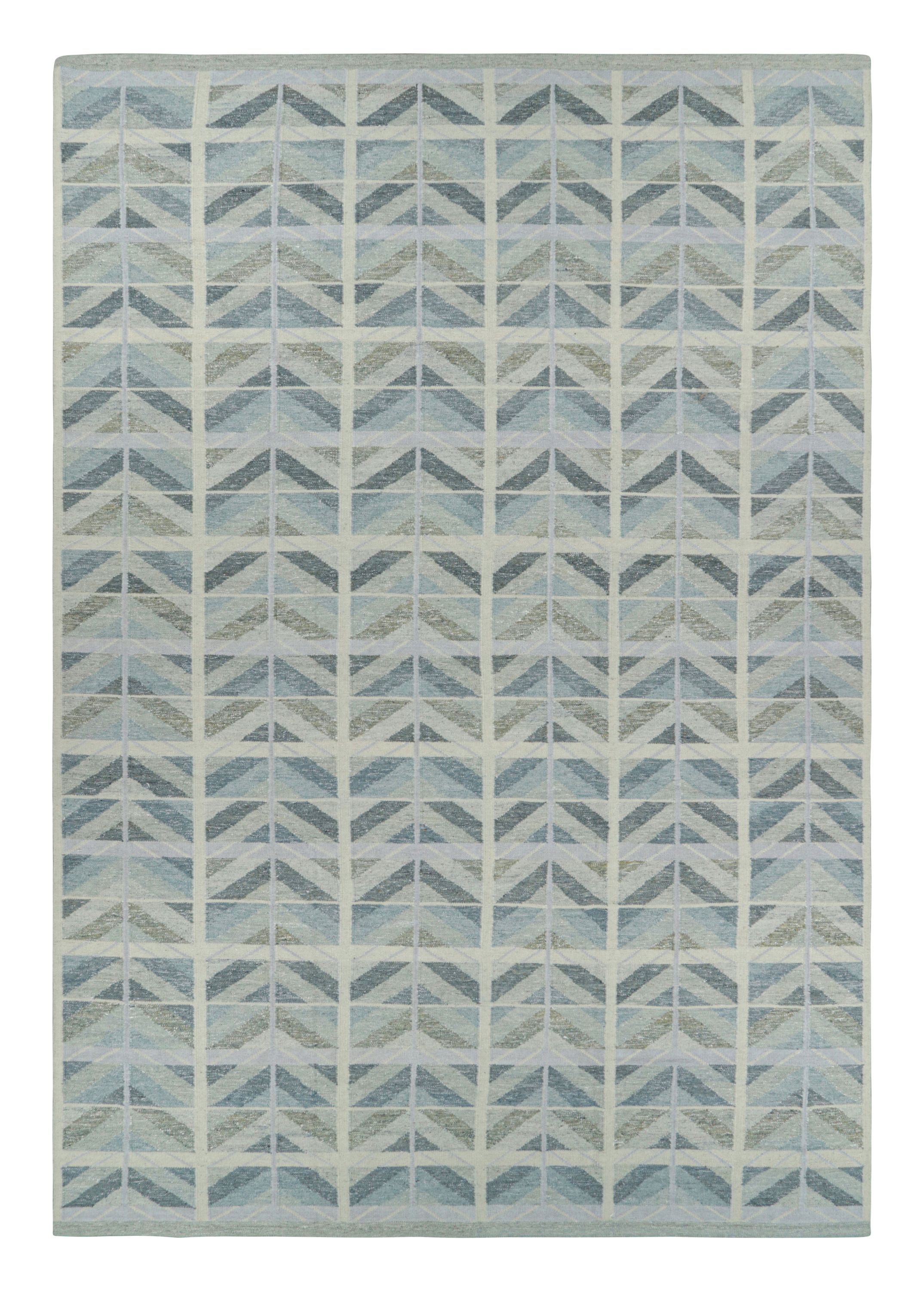 Rug & Kilim’s Oversized Scandinavian Style Rug in Blue with Geometric Patterns For Sale