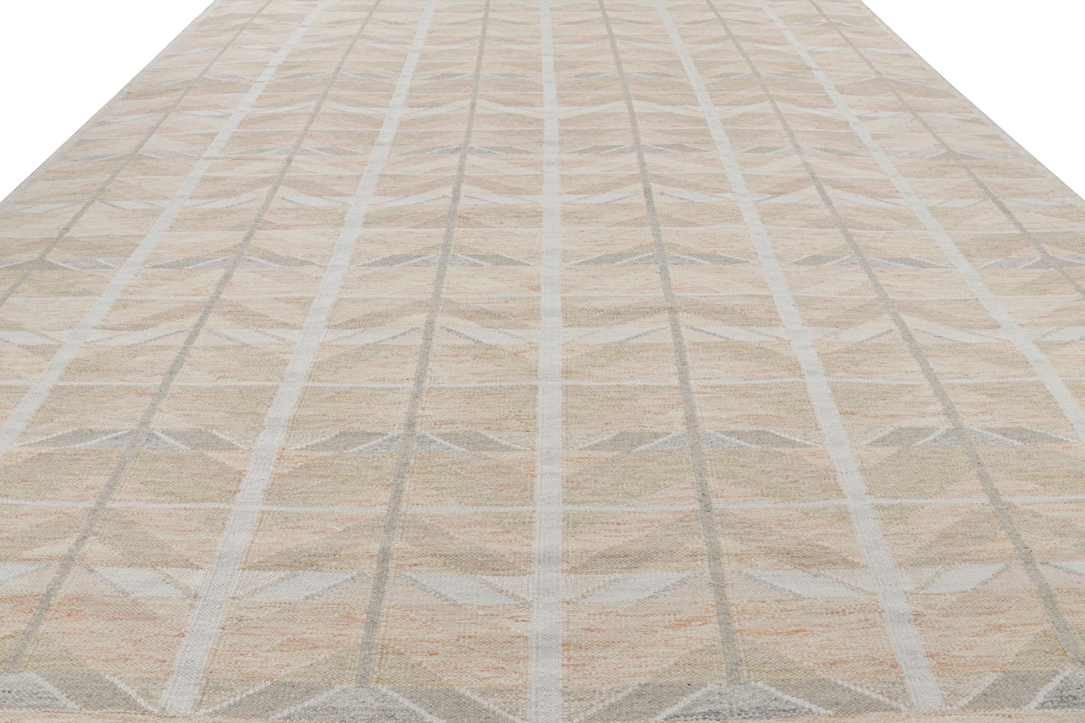 Indian Rug & Kilim’s Oversized Scandinavian Style Rug in Peach with Geometric Patterns For Sale