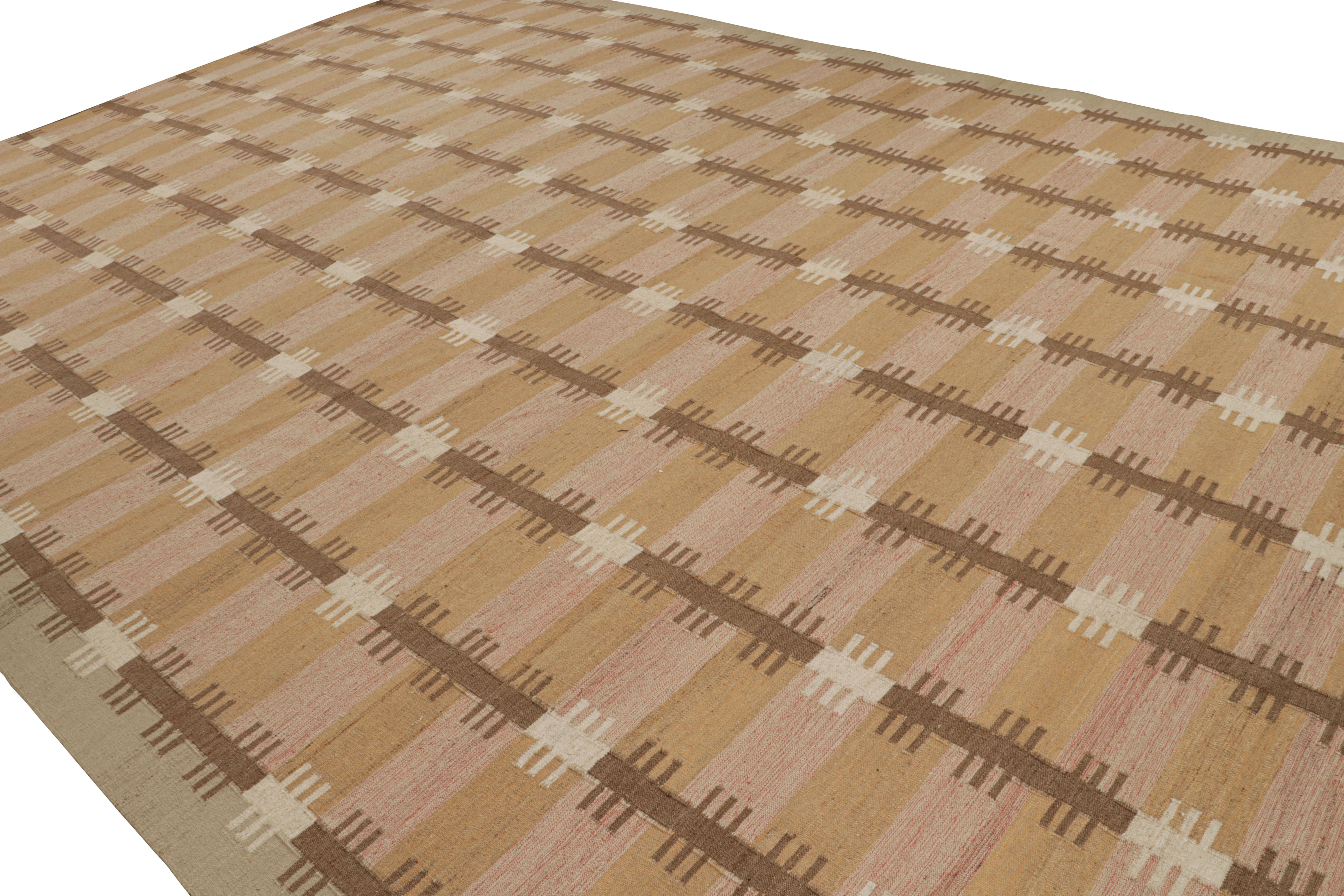 Hand-knotted in semi-worsted wool, this 13x19 finer weave Scandinavian flat weave features pink, beige-brown and gold tones underscore geometric patterns inspired by the Swedish minimalist style. 

On the design: 

Admirers of the craft may admire