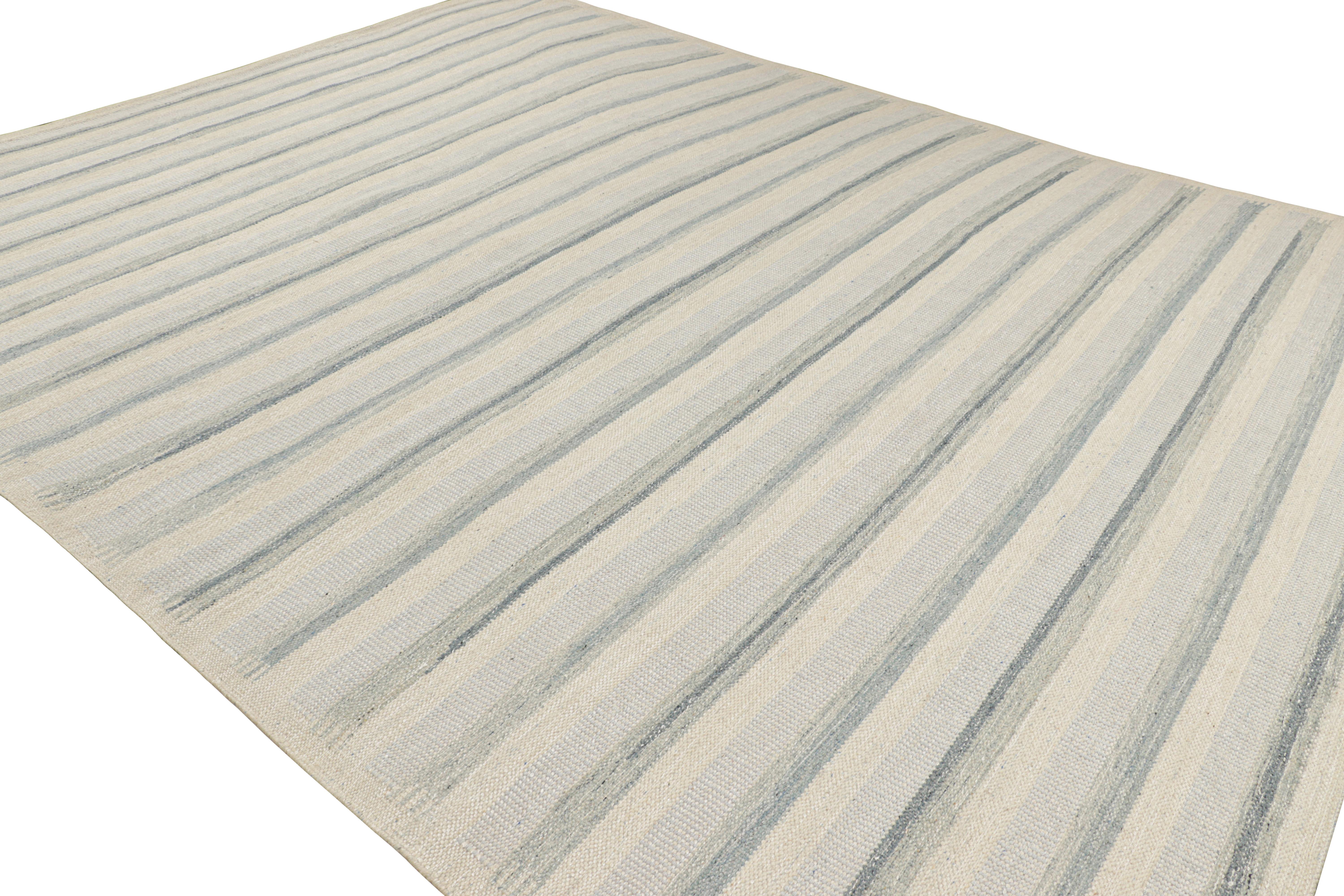 Indian Rug & Kilim's Oversized Scandinavian Style Rug in White and Blue Stripes For Sale